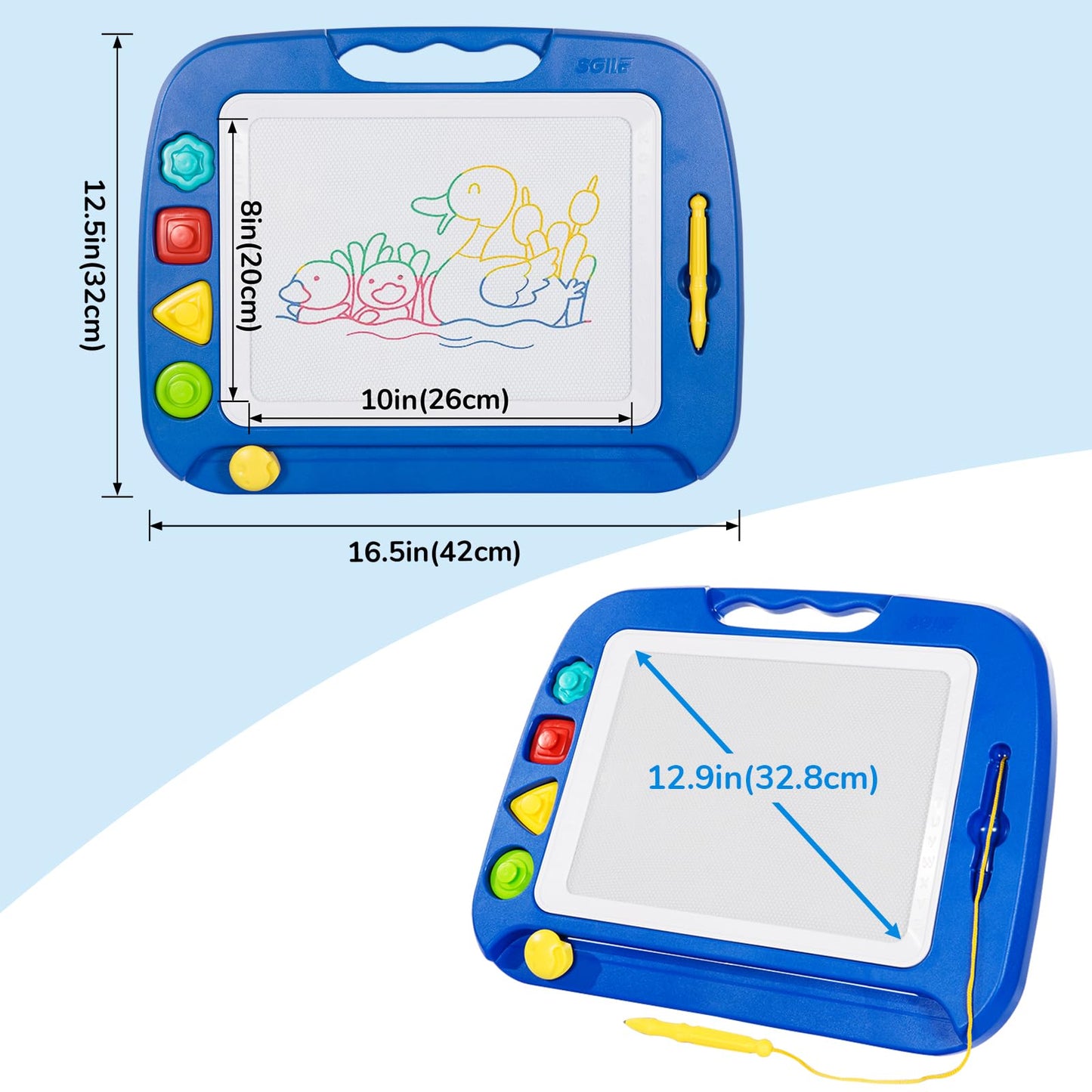 SGILE Large Magnetic Drawing Board, 16×13in Writing Painting Doodle Pad with 4 Stamps for Toddlers, Learning Educational Toy Etch Sketch Gift for 36+ Month Kids Girls Boys, Blue