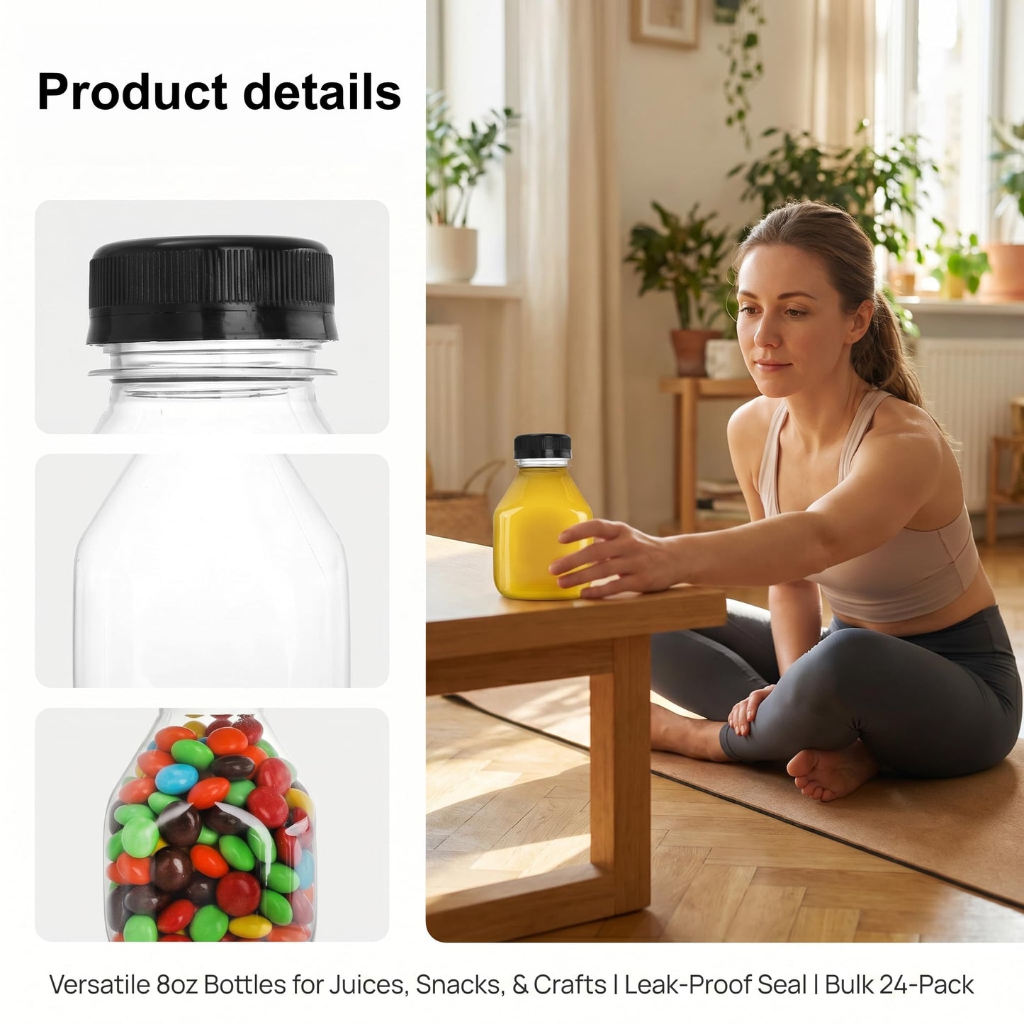 DEAYOU 24 Pack Mini Plastic Juice Bottles, 8 OZ Empty Clear Beverage Bottles with Caps, Small Reusable Drink Container with Tamper Evident Lid for Take Out, Milk, Smoothie, Juicing, Tea, Cold Drinks