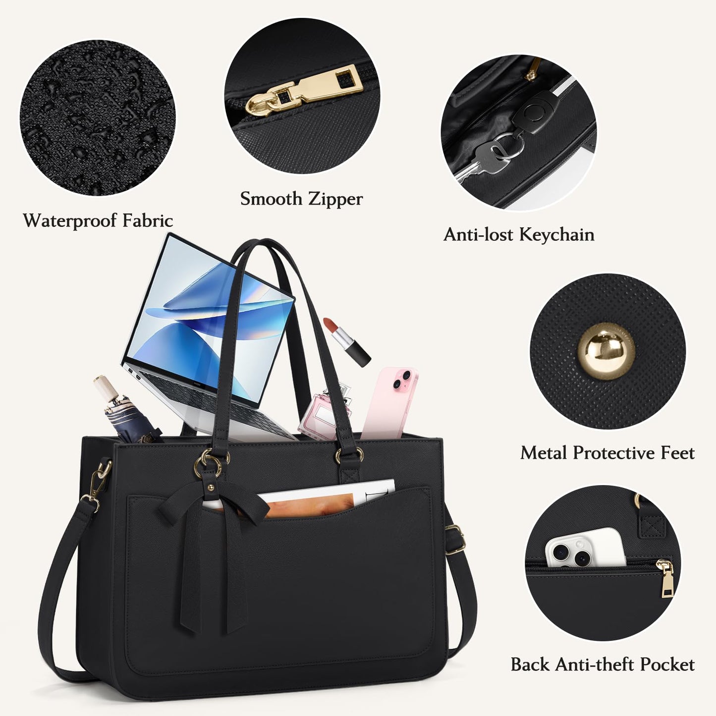RAINSMORE Laptop Bags for Women 15.6 Inch Work Tote Bags Leather Laptop Tote Waterproof Computer Bags Professional Office Business Briefcase Large Handbag for Travel College Teacher, Black