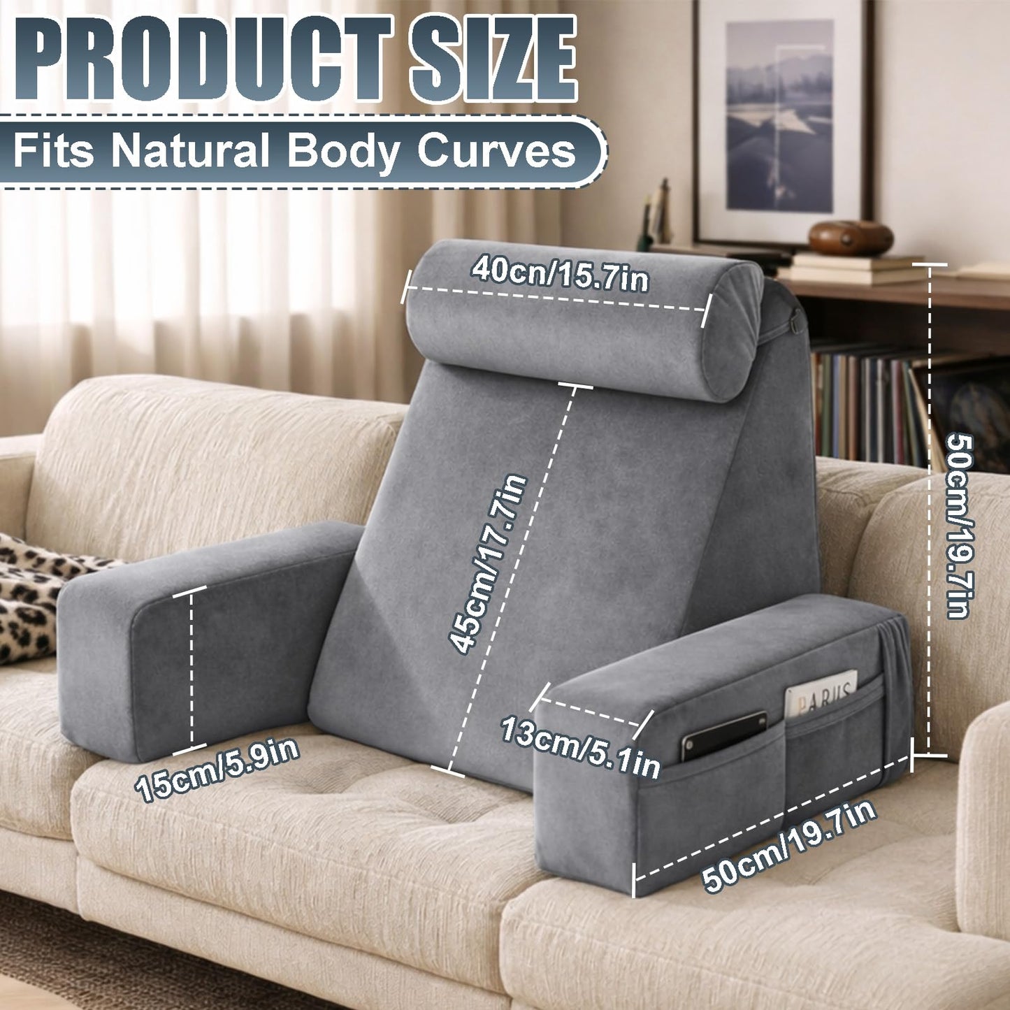 19" Reading Pillow for Bed Adult, Backrest Support Pillow for Bed, Sofa, Floor, Comfortable Back and Neck Support with Side Pocket, Removable & Washable, Ideal for Reading, Watching TV & Laptop Use