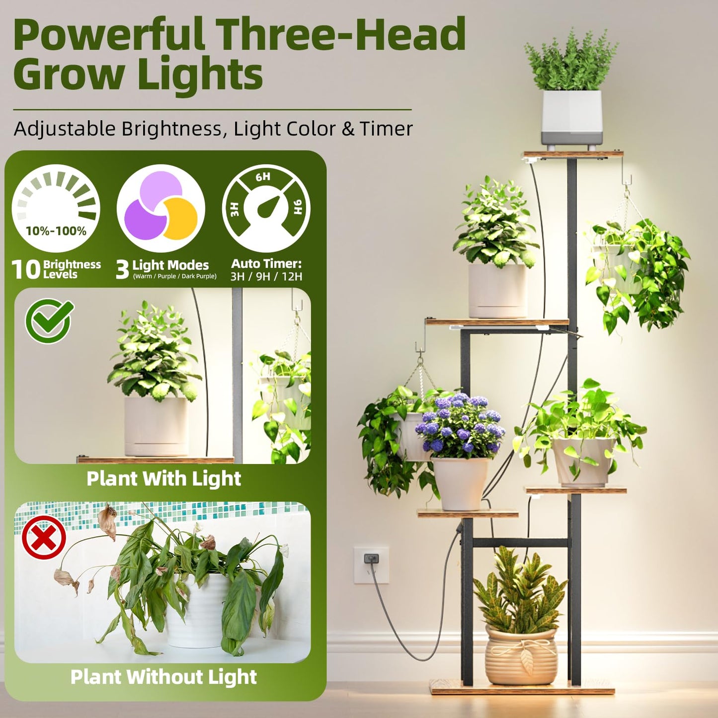 unlumm Plant Stand Indoor with Grow Lights, 46" Metal Corner Plant Shelf with 3 LED Lights, 5-Tiered Tall Plant Flower Holders with 2 Hanging Hooks for Living Room, Garden, Patio (Black Brown)