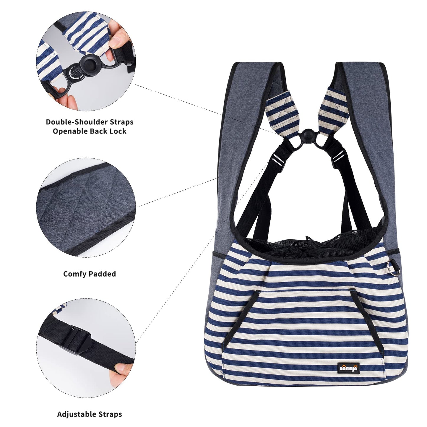 Dog and Cat Sling Carrier - Adjustable Pet Front Travel Bag With Bottom Pad for Small Pets 5-15 Lb - Blue Strip