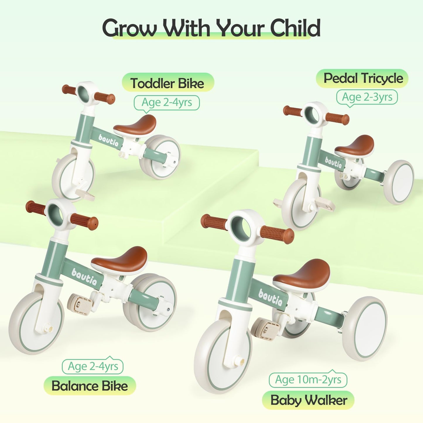 Bautia Tricycle for Toddlers 1–4 Year Old, Kids Bike Boy Girl Toys Age 2, 4 in 1 Baby Balance Bike 3 Years Gifts with Removable Pedals