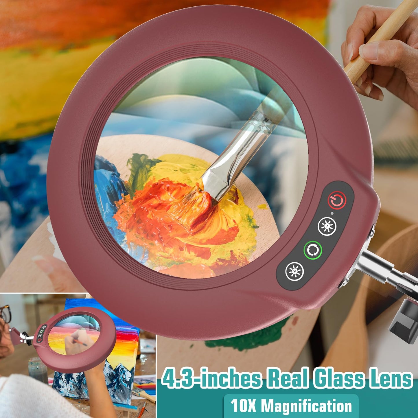 10X Magnifying Glass with Light and Stand, 3-in-1 Adjustable Swivel Arm LED Magnifying Floor Lamp, 5 Color Modes Brightness Stepless Dimming Lighted Magnifier Hands Free with Clamp for Crafts - Red