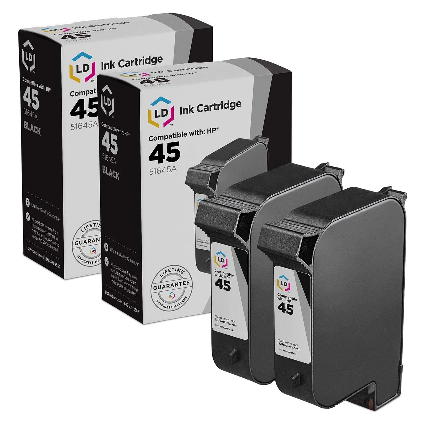 LD Products Remanufactured HP 45 51645A Ink Cartridge Replacements for PhotoSmart: 1000 1100 1100xi 1115 1115cvr 1215 1215vm 1218 1218xi 1315 1315vm P1000 P1000xi P1100 P1100xi P2100 (Black 2-Pack)