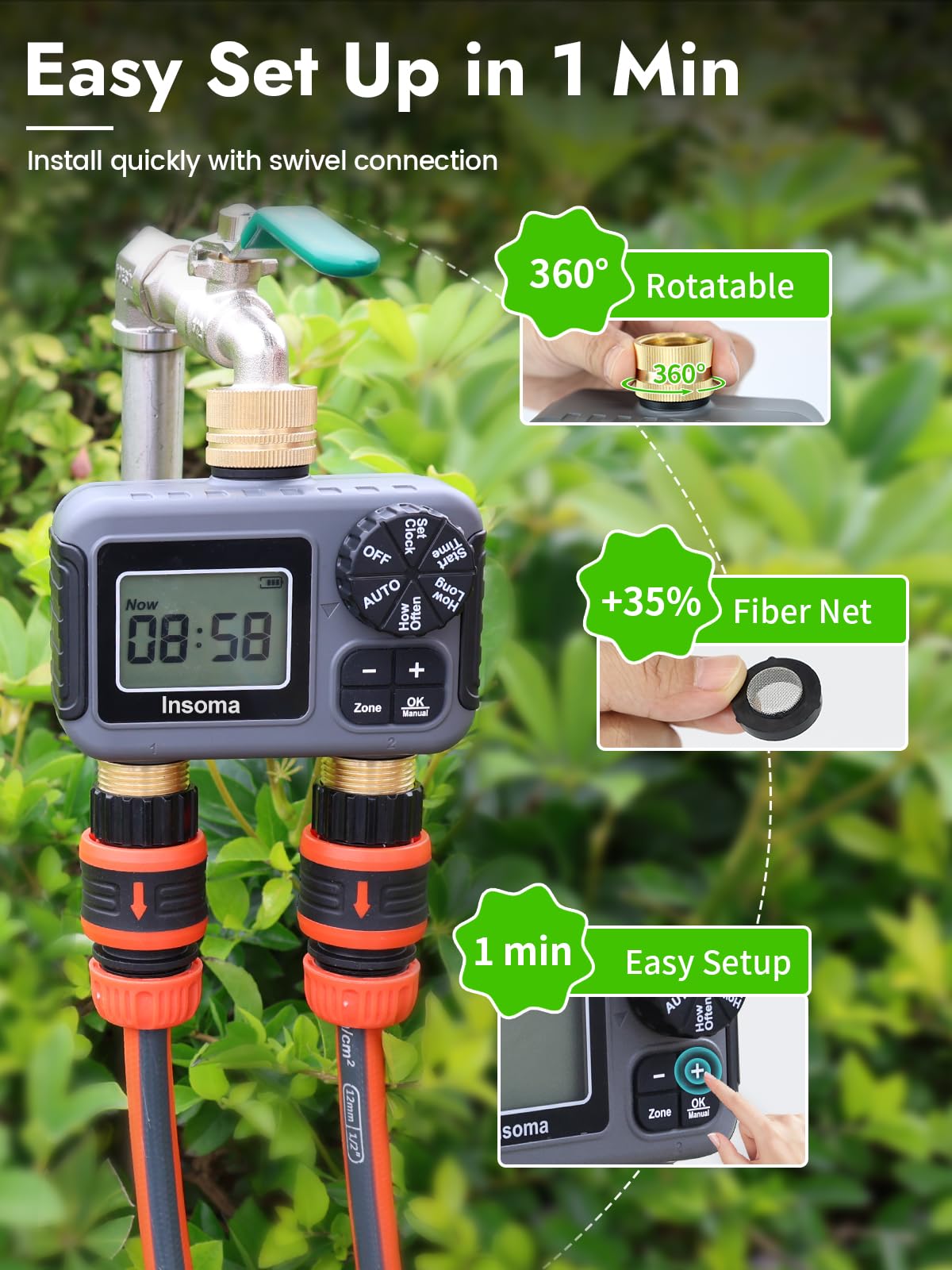 2 Zone Water Timer with Brass Swivel |Programmable Hose & Sprinkler Irrigation Timer w/Rain Delay & Auto/Manual Modes for Lawn, Garden, Drip Systems | IPX5 Waterproof & Easy Setup