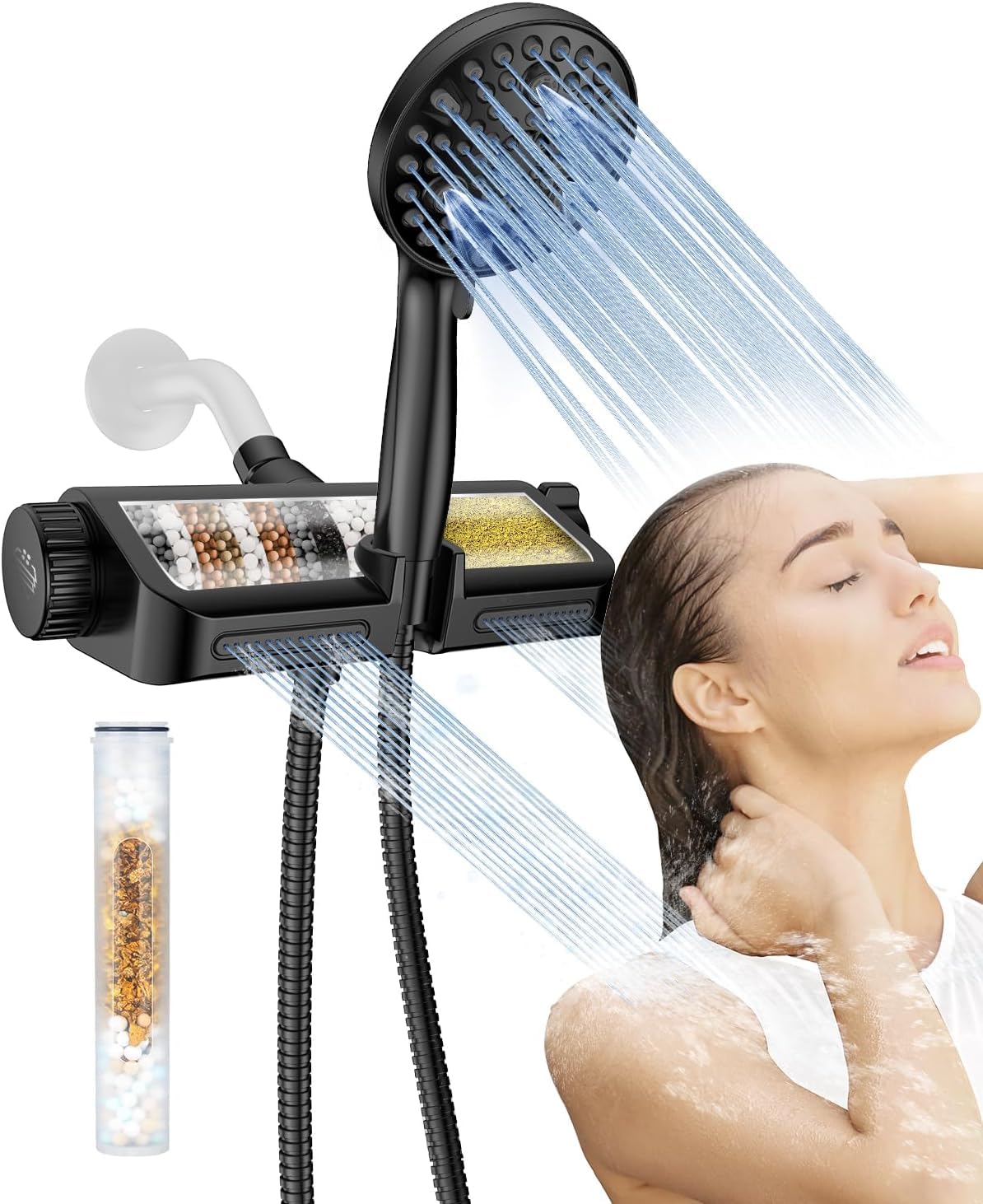 Filtered Shower Head with Handheld Combo Matte Black - Dual 2-in-1 Spa System with Massage Shower Head and 10 Modes Hand Held Shower Head, High Pressure Shower Head, Built in Power Wash Mode