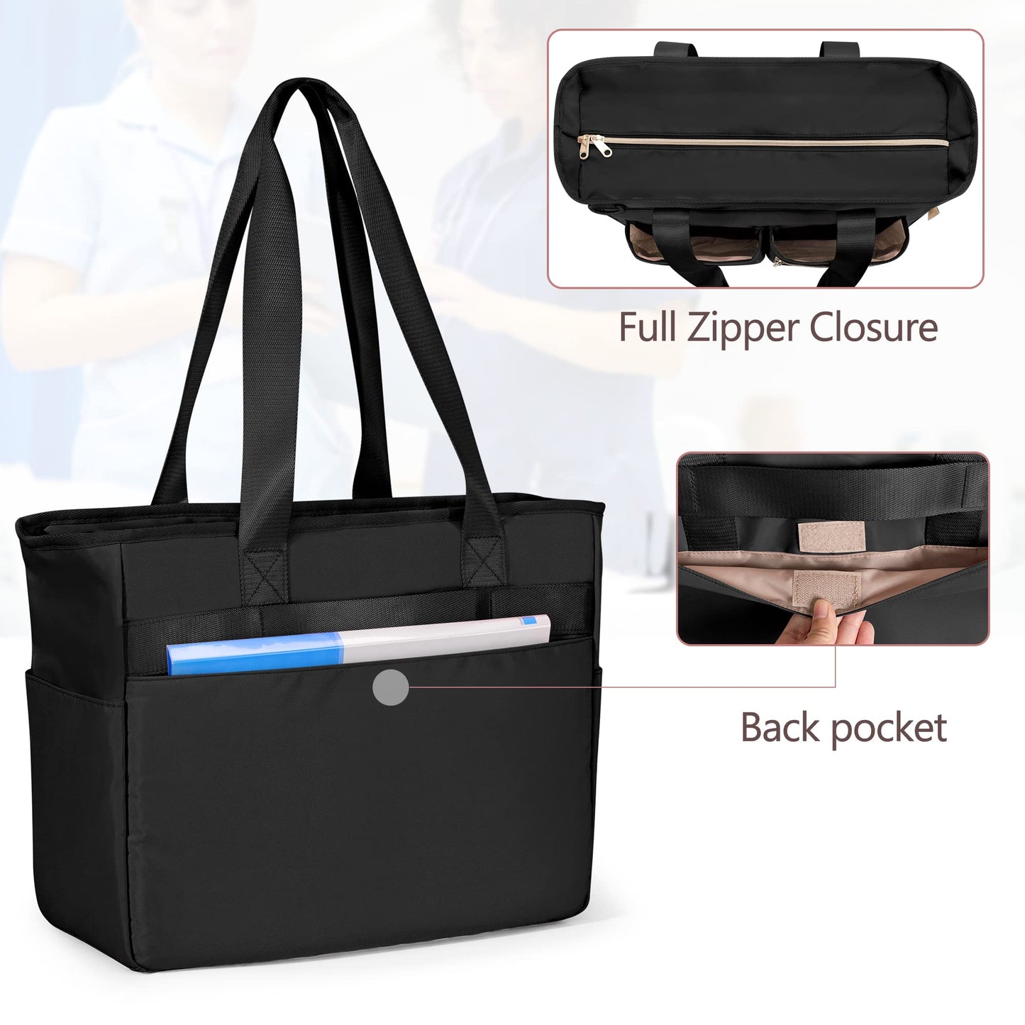 Fasrom Nurse Tote Bag for Work Nurses with Laptop Sleeve, Home Health Clinical Bag for Nursing Students and Medical Assistant, Black (Patent Design)