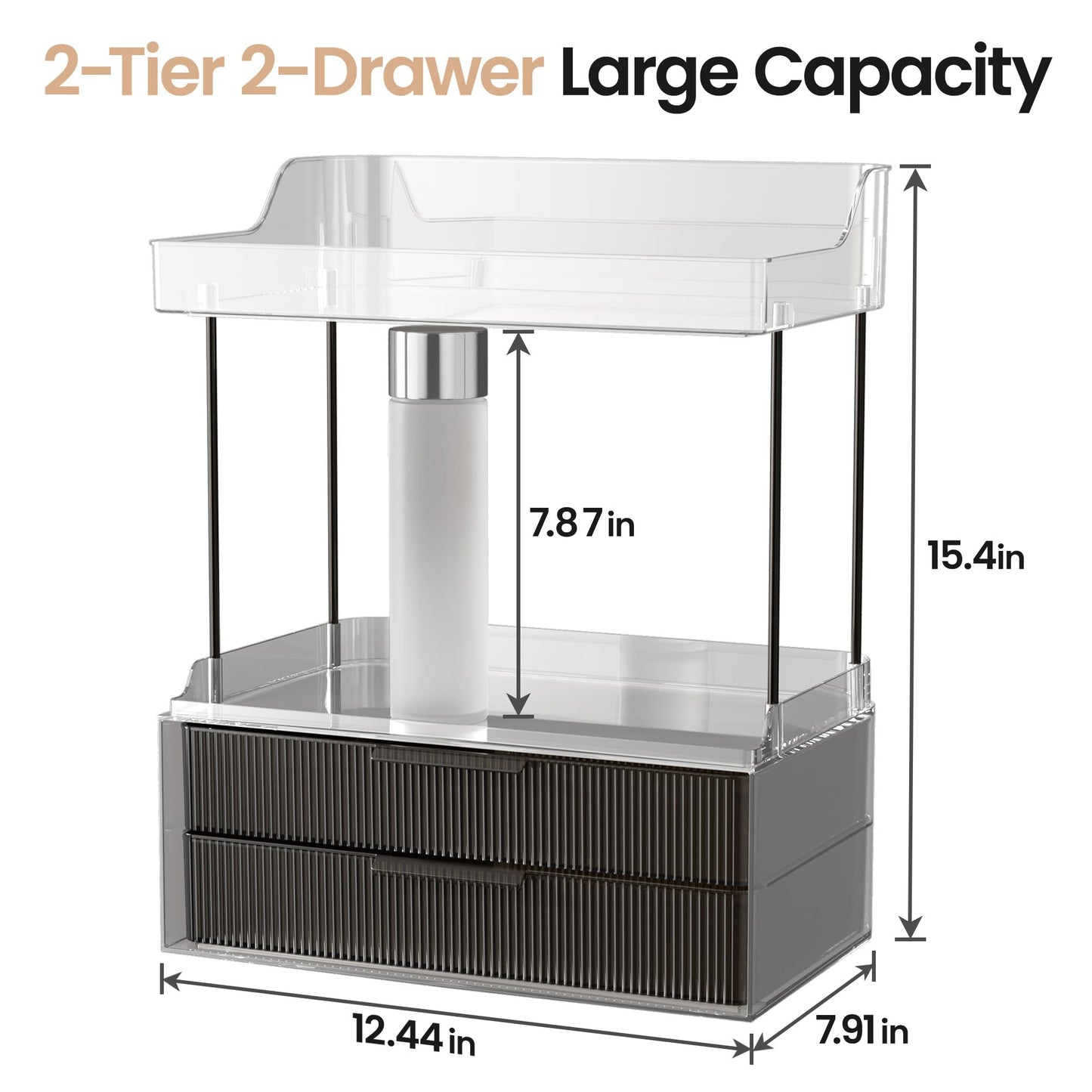 Delamu 2-Tier 2-Drawer Bathroom Counter Organizer, Multi-Purpose Makeup Organizer Countertop, Ideal for Bathroom Storage, Vanity, Large Skincare, Perfume, Present, and More, Black, 2-Drawer