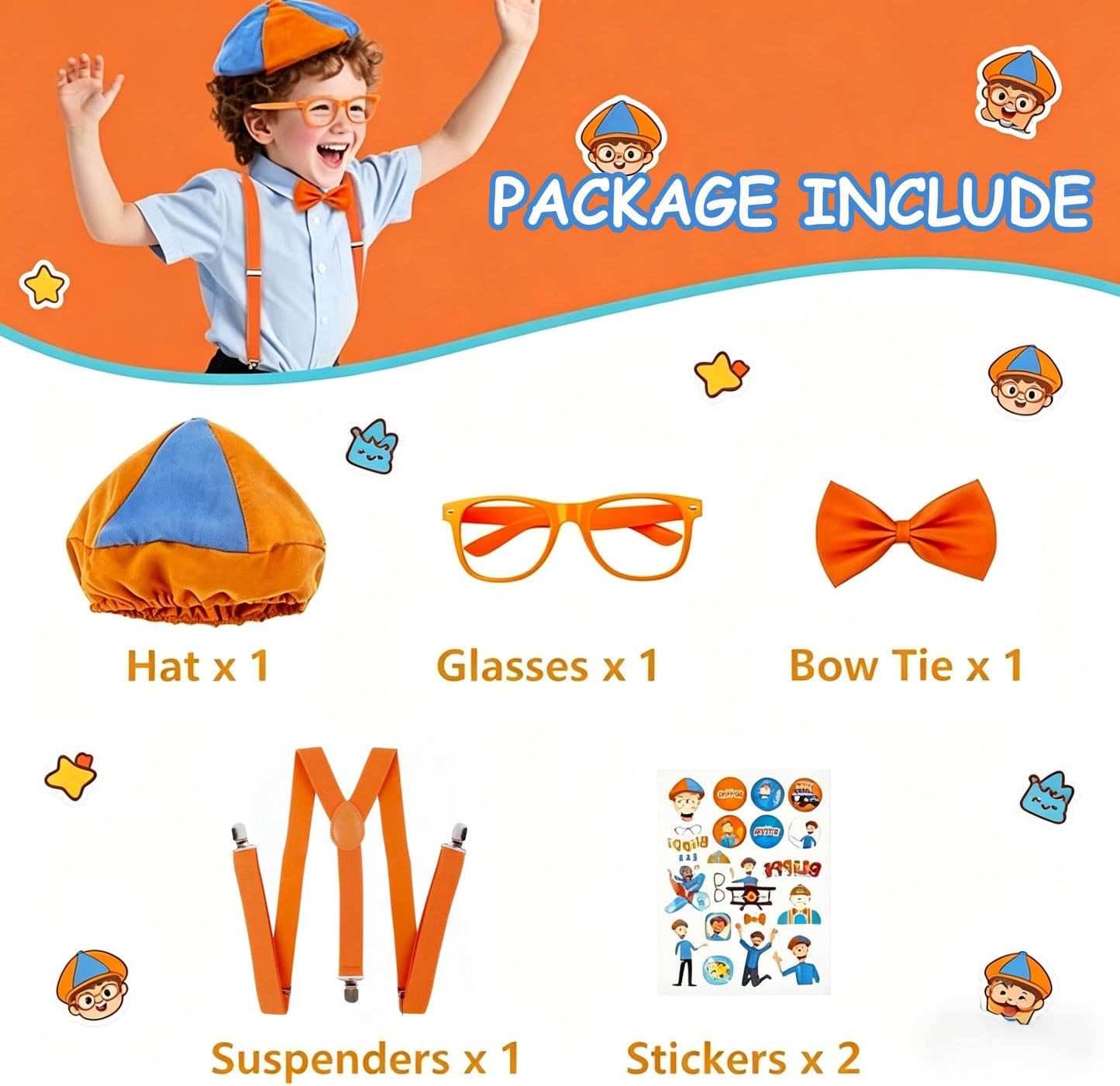 Kids Costume Set - Orange Bow Tie, Suspenders, Hat & Glasses for Dress Up & Halloween | Boys & Girls Roleplay Accessories