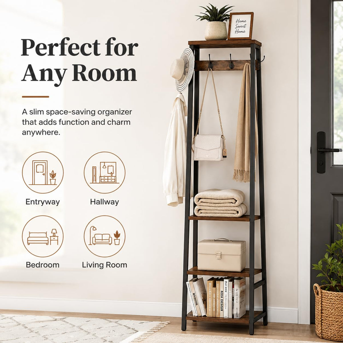 Cerlyunzan Coat Rack Freestanding, Coat Stand with 3 Shelves and 7 Hooks, Hall Tree Free Standing, Clothes Rack Stand Organizer for Bedroom, Hallway, Entryway, Living Room, Rustic Brown and Black