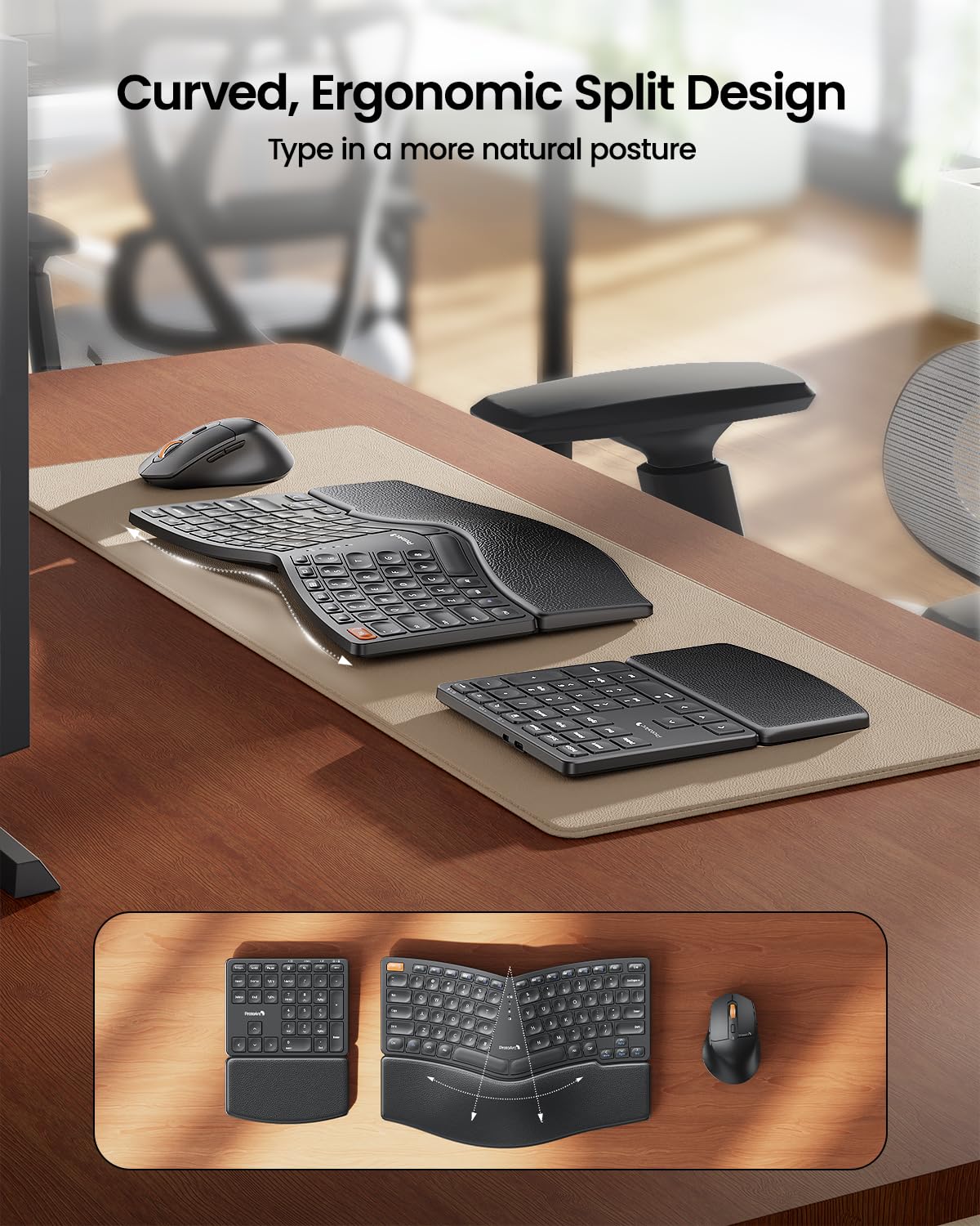 ProtoArc Ergonomic Keyboard Mouse, EKM04 2.4GHz Wireless Ergo Keyboard Mouse Combo, Separate Numeric Keypad, Split Design, Wrist Rest, Rechargeable, for Desktop, PC, Laptop, Windows