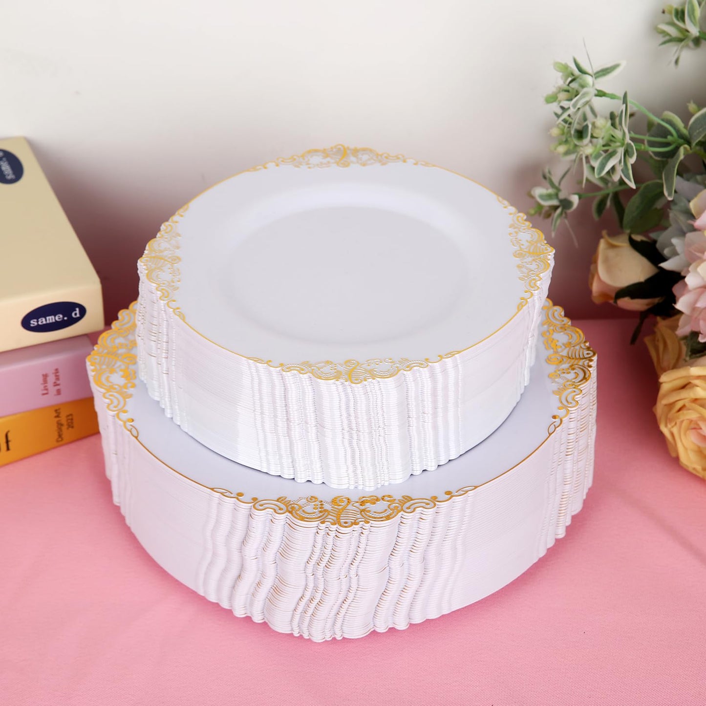 175PCS Gold Plastic Dinnerware White and Gold Plastic Plates for Party Include 25 Dinner Plates, 25 Dessert Plates, 25 Forks, 25 Spoons, 25 Knives, 25 Cups 25 Linen Napkins for Wedding, Birthday