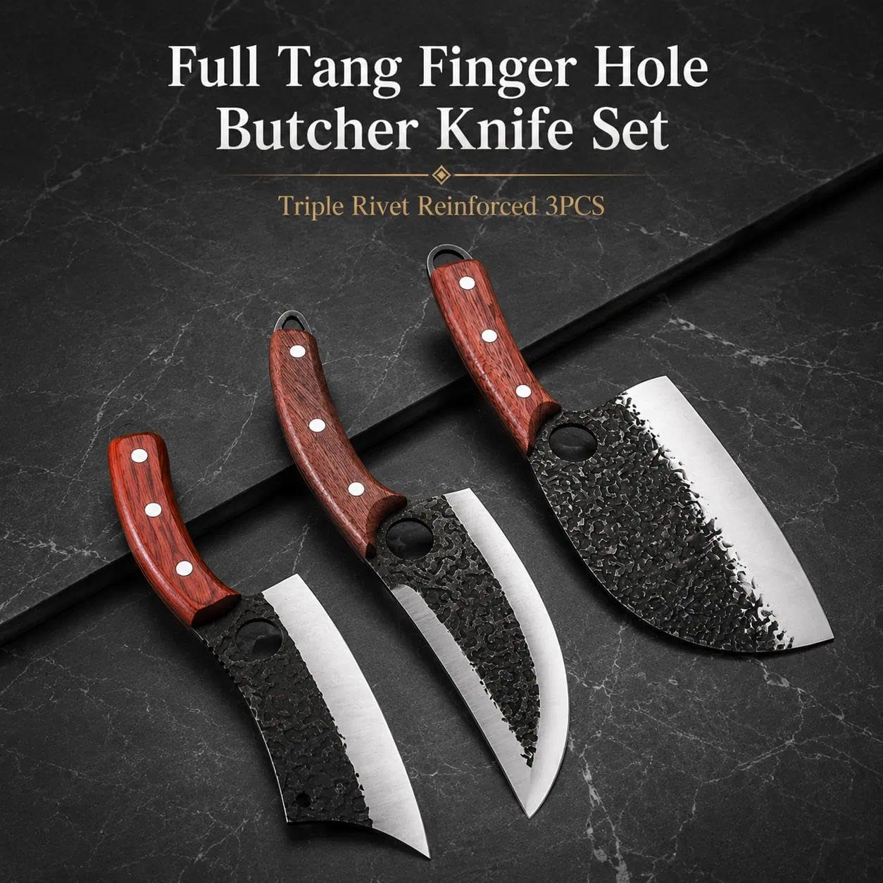 DRAGON RIOT Professional Butcher Knife Set for Meat Processing, 3Pcs High Carbon Steel Hand Forged Serbian Cleaver Chef Knife Set with Ergonomic Handles for Kitchen Outdoor Cooking