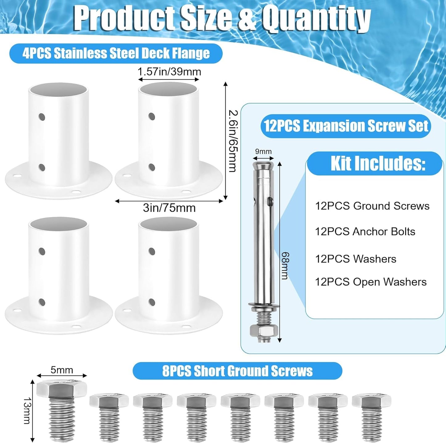 4-Pack Pool Deck Flanges, COITEK 304 Stainless Steel Flange Anchors Ladder Brackets for 1.5" Above Ground Pool Ladders and Handrails, Includes Screws Bolts for Easy Installation and Replacement