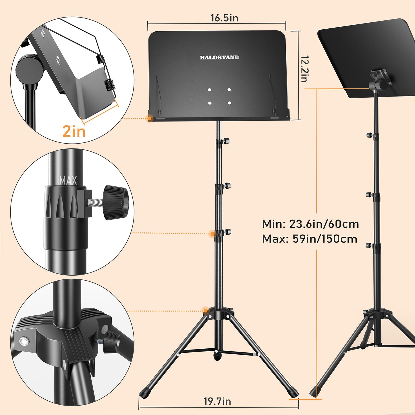 5 in 1 Dual-use Sheet Music Stand & Desktop Book Stand, Height Adjustable from 23.6-59 in, Folding Music Stand with Portable Carrying Bag, Sheet Music Folder & Rechargeable Music Stand Light