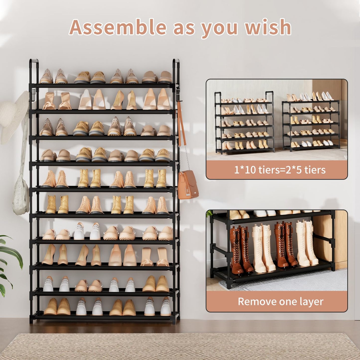 10 Tier Shoe Rack, Large Capacity Tall Shoe Storage Organizer Holds 50-55 Pairs Shoes and Boots, Vertical Shoe Shelf Cabinet with Versatile Hooks for Closet Entryway Garage Bedroom