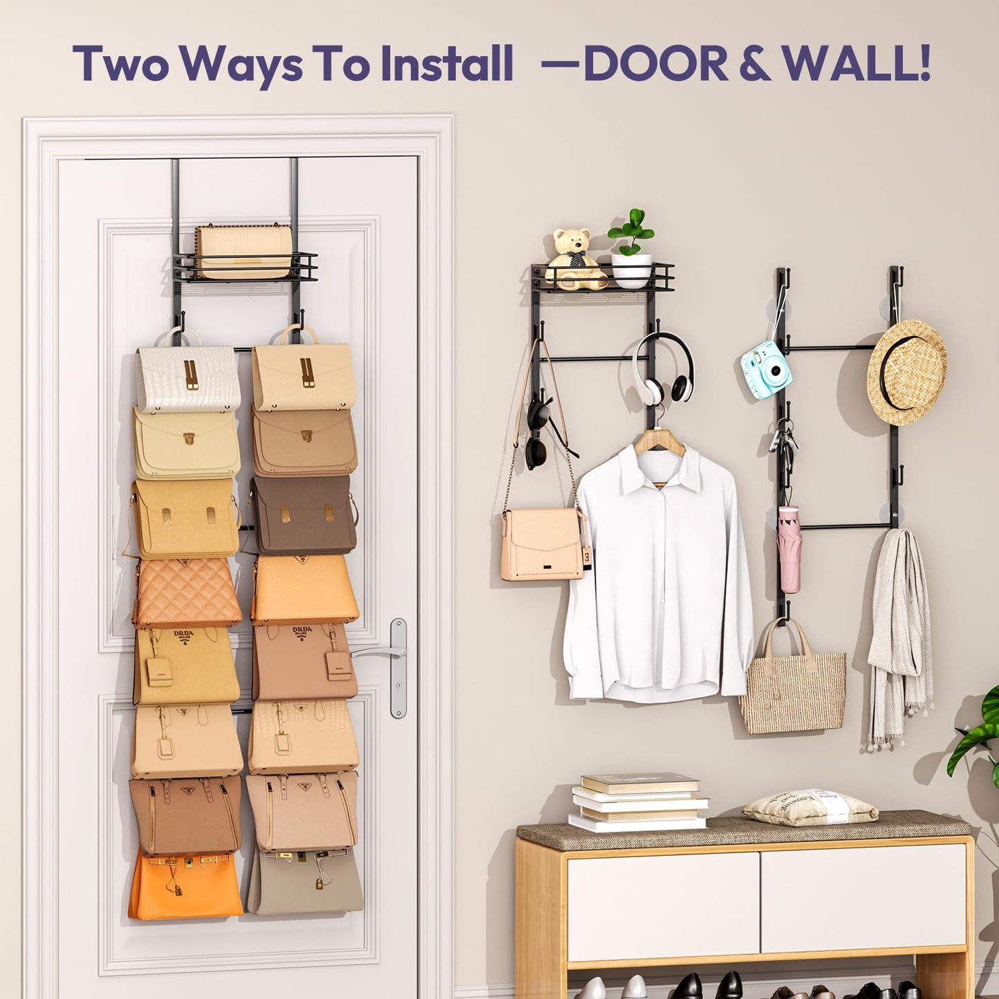 SWTYMIKI Over The Door Purse Organizer - Wall Mounted Handbag Organizer with 16 Hooks and Metal Basket, Hanging Purse Storage Rack Holds up to 16 Bags, Bag Rack Can Use As 1/2 Part, for Door, Closet