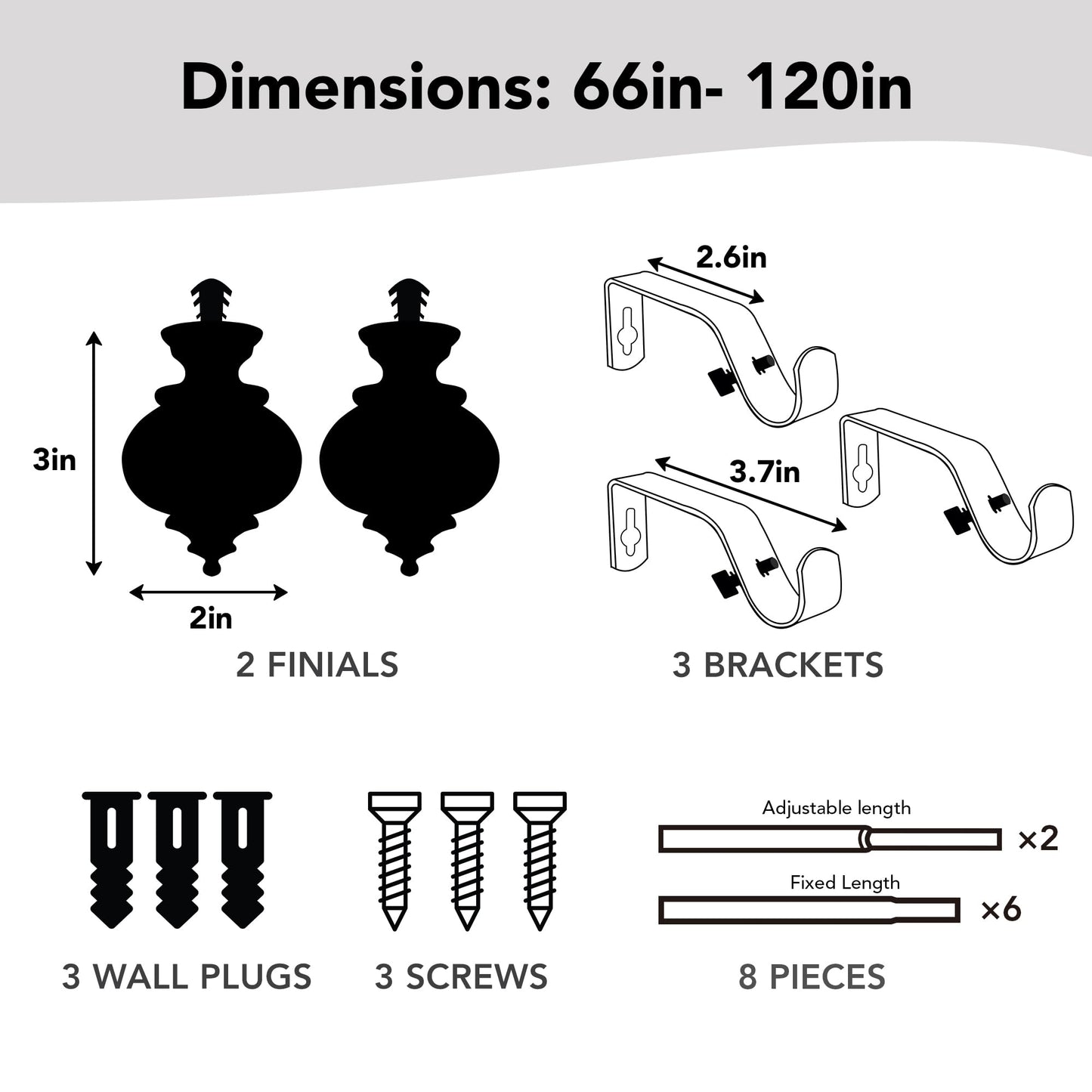 Deconovo Black Curtain Rods for Windows 66 to 120 Inches, Adjustable Decorative Single Window Curtain Rod Set, Curtain Rods with Finial, 3/4 Inch Diameter Steel Tube with Black Finish