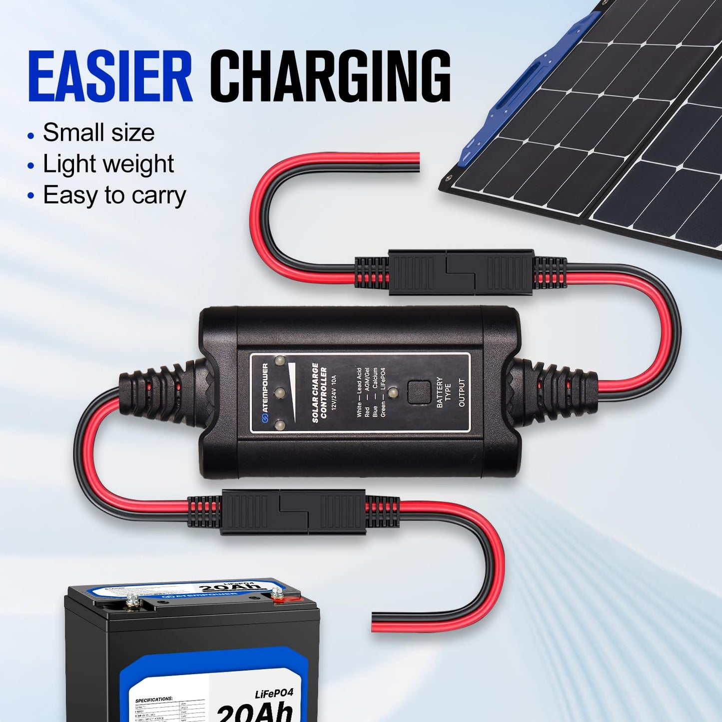 10A MPPT Solar Charge Controller, ATEM POWER 12/24 Volt Intelligent Portable Solar Panel Controller for Solar Panels, Solar Regulator with LED Indicate for Gel AGM Lead-Acid, LiFePO4, Lithium Battery