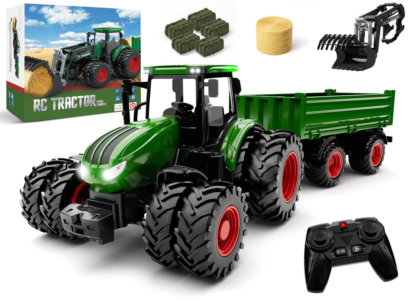 WELIN Remote Control Tractor and Trailer Toys - Rechargeable RC Tractor Playset with Metal Car Head/Lights/8 Wheels, Green Farm Truck Vehicles Toy Set, Birthday Gifts for Kids Boys Ages 3+