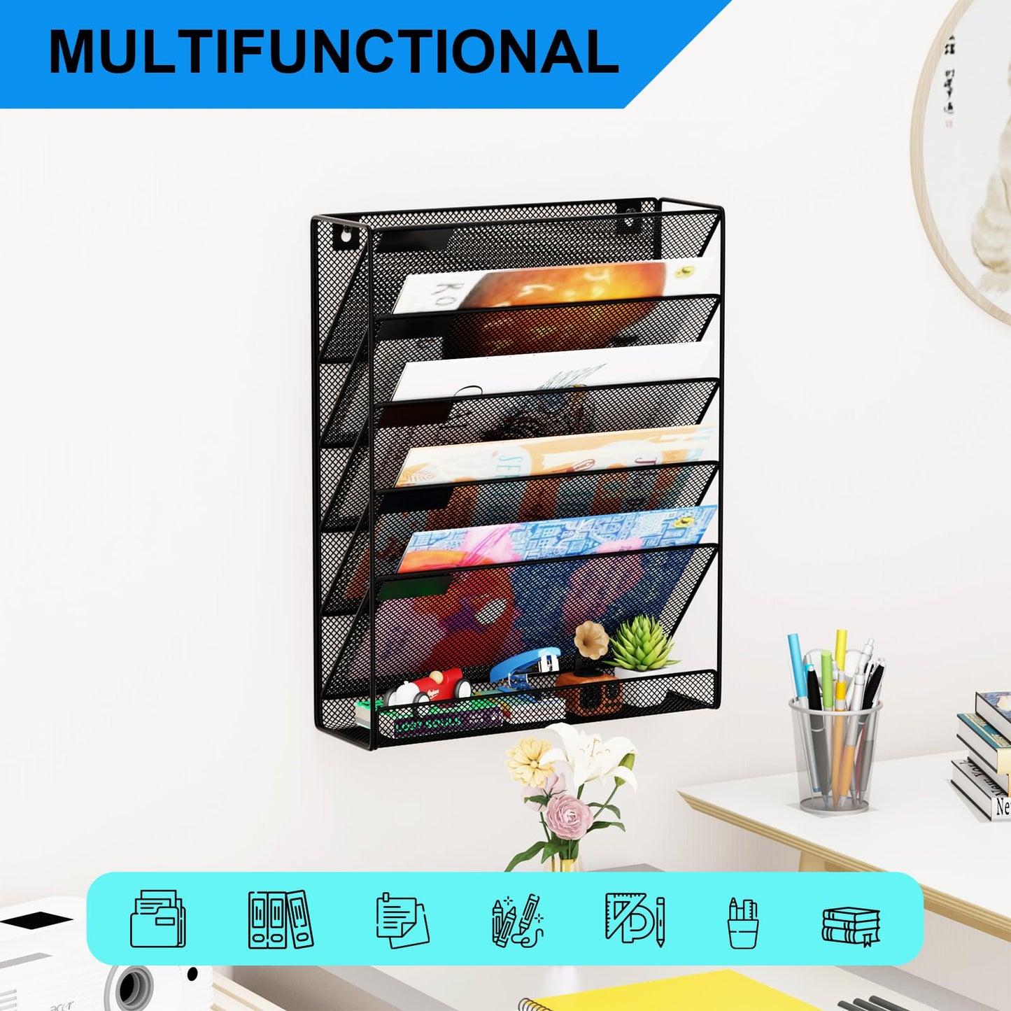 GDINDINFAN Wall File Organizer Holder Mesh Hanging Paper Document Holder,Vertical 6 Pocket Tier for Office Home, Black