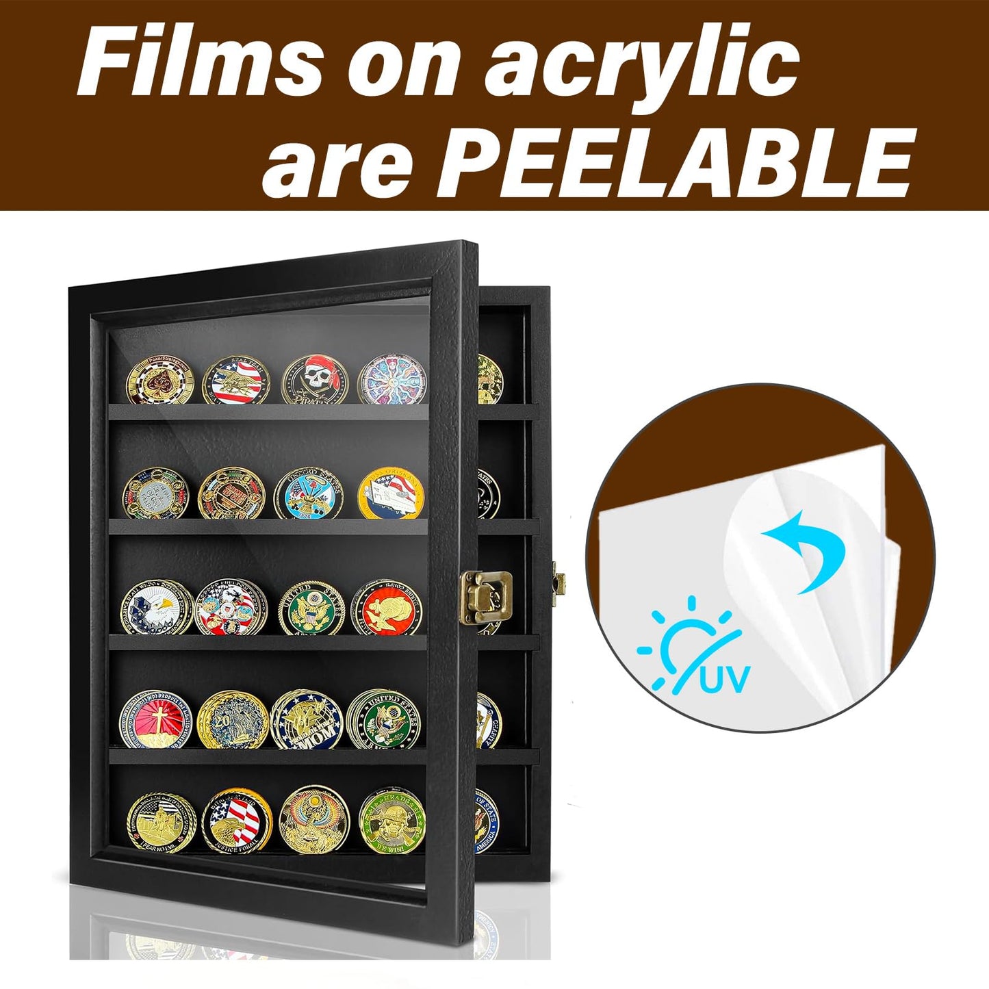ULTRGEE Challenge Coin Display Case, Coin Collection Display Stand for Wall Military Medal Shadow Box Display Cabinet with Removable Dual Recessed Shelves and Acrylic Panel -Black