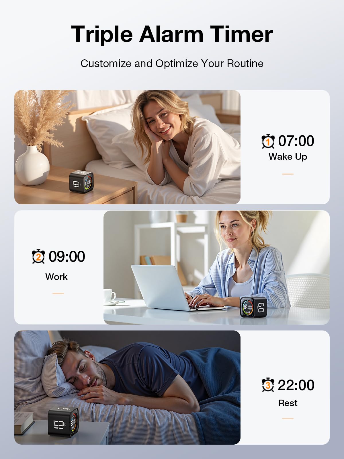 Ticktime TK3 Pomodoro Timer Cube, Desk Productivity Timer with 5/10/30/60 Min Presets, Custom Countdown, Stopwatch, Clock, 3 Alarm, Silent, Vibrate & Sound Alert, for Task, ADHD, Study, Kitchen, Black