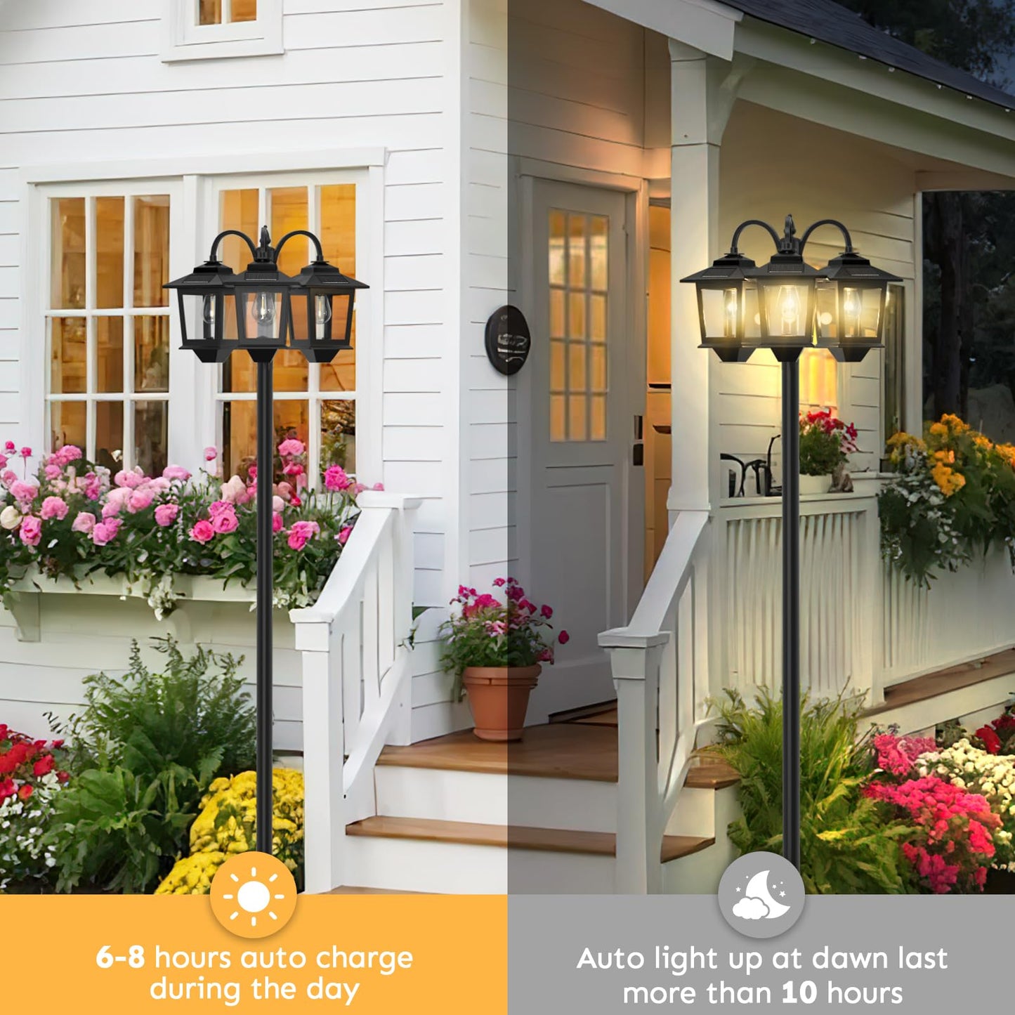 73" Aluminum Solar Lamp Post Light, 3-Head Solar Light Posts for Outside Waterproof, 90Lm Outdoor Lamps for Patio, Backyard, Front Porch Decor, Warm White, Replaceable Bulb