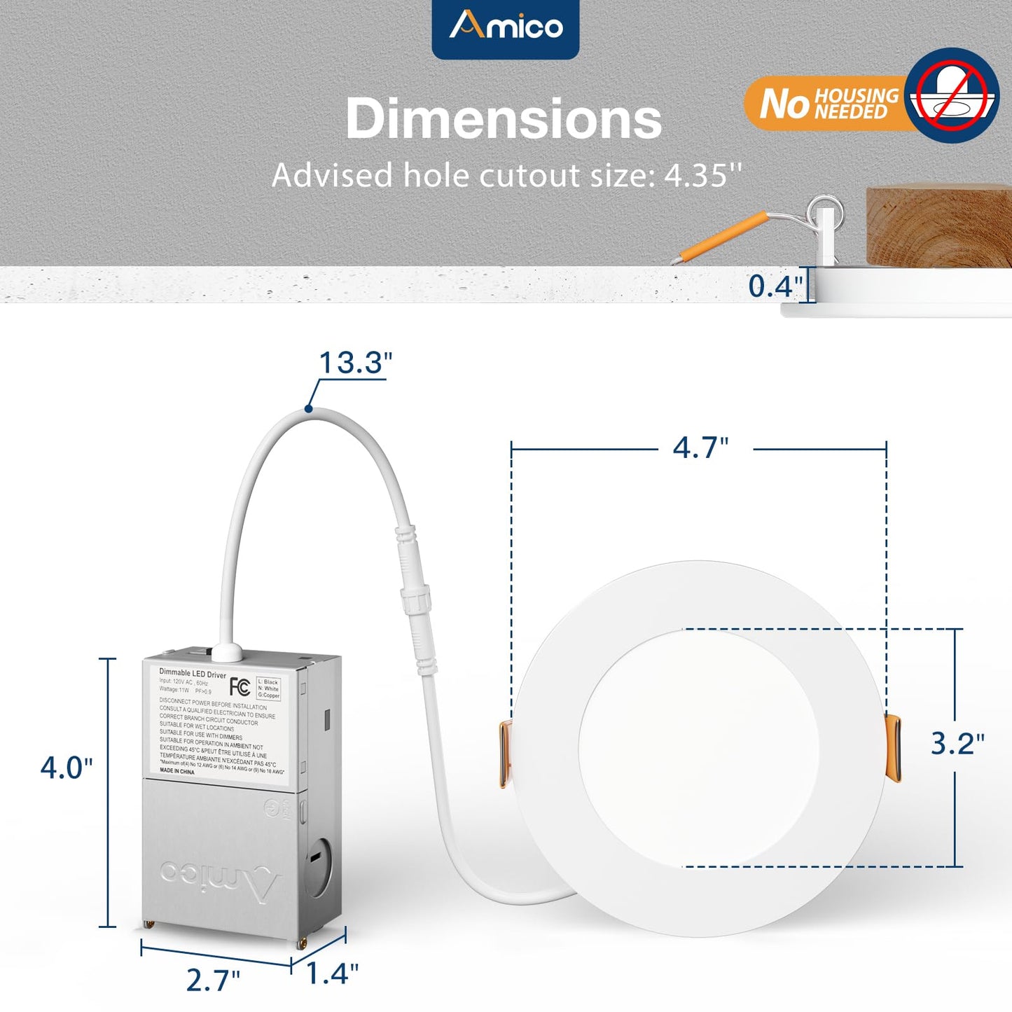 Amico 12 Pack 4 Inch 5CCT LED Recessed Slim Pot Light with Junction Box, 2700K/3000K/3500K/4000K/5000K Selectable, 11W Eqv 70W, Dimmable IC-Rated Ceiling Lighting, 800LM High Brightness - ETL
