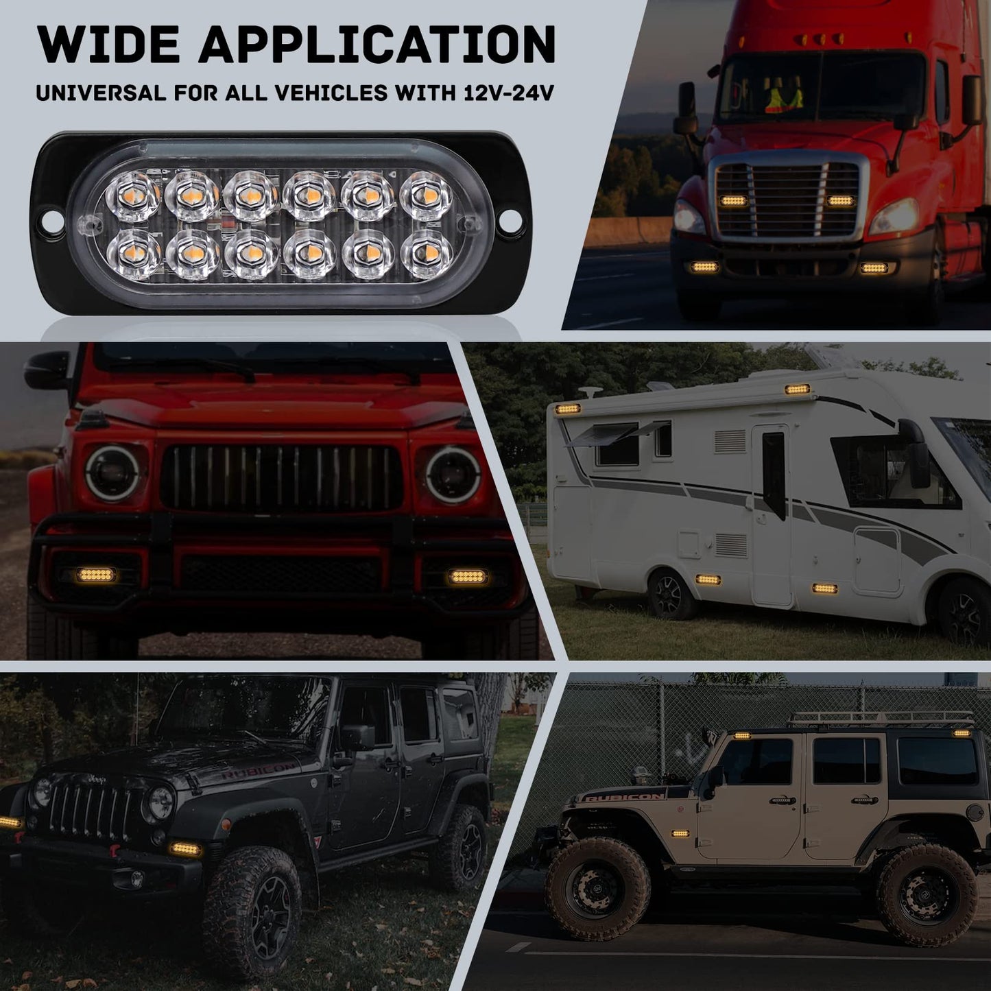 4-Pack 12 LED Amber Strobe Lights Vehicles Trucks Emergency Strobe Lights Kit 12V -24V Beacon Warning Hazard Flash Strobe Lights Bar Grill Grille Surface Mount Super Bright Waterproof, Amber