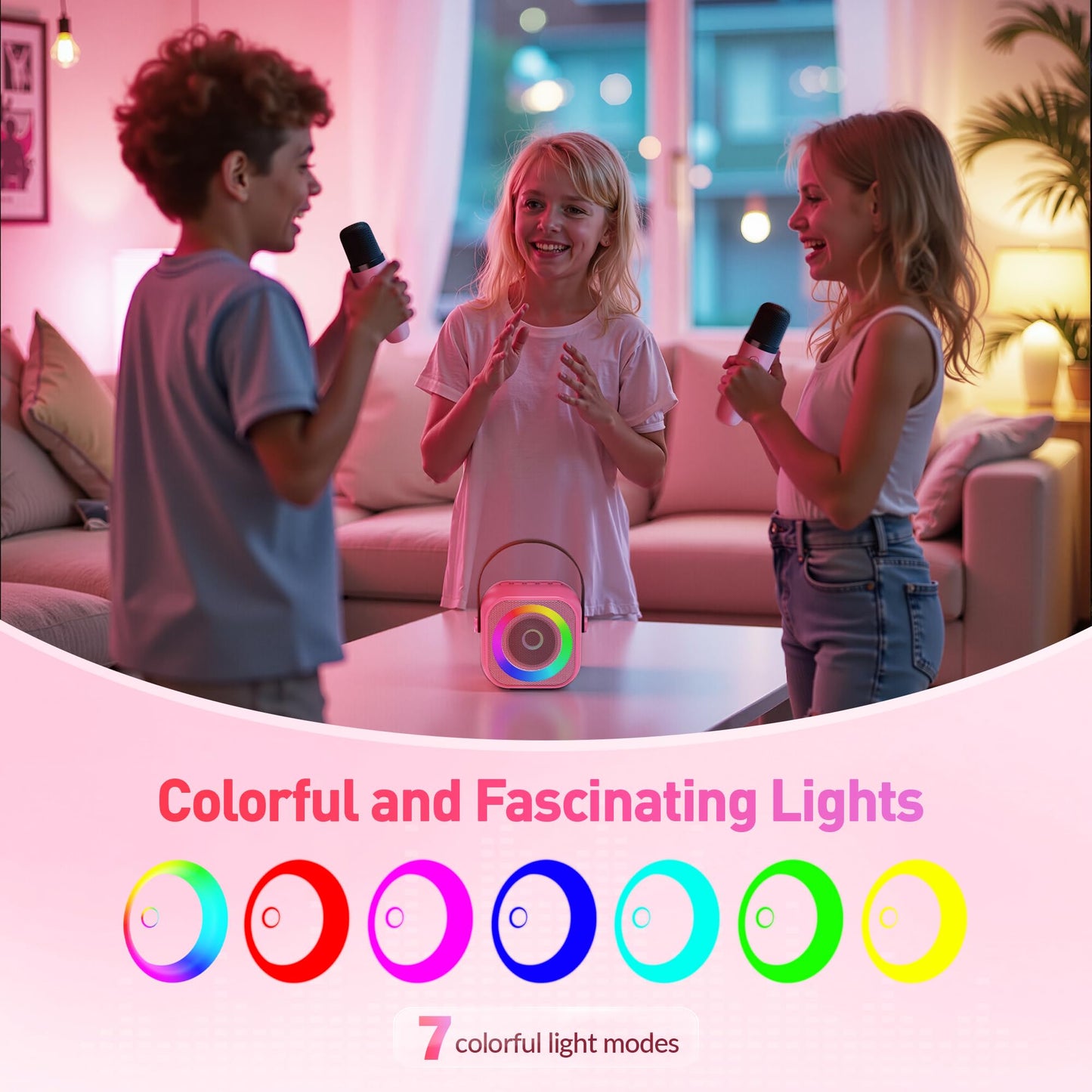 Mini Karaoke Machine, Portable Bluetooth Karaoke Speaker with 2 Wireless Microphones and Party Lights for Kids and Adults, Birthday Gifts for Girls Boys Family Home Party (Hotpink)