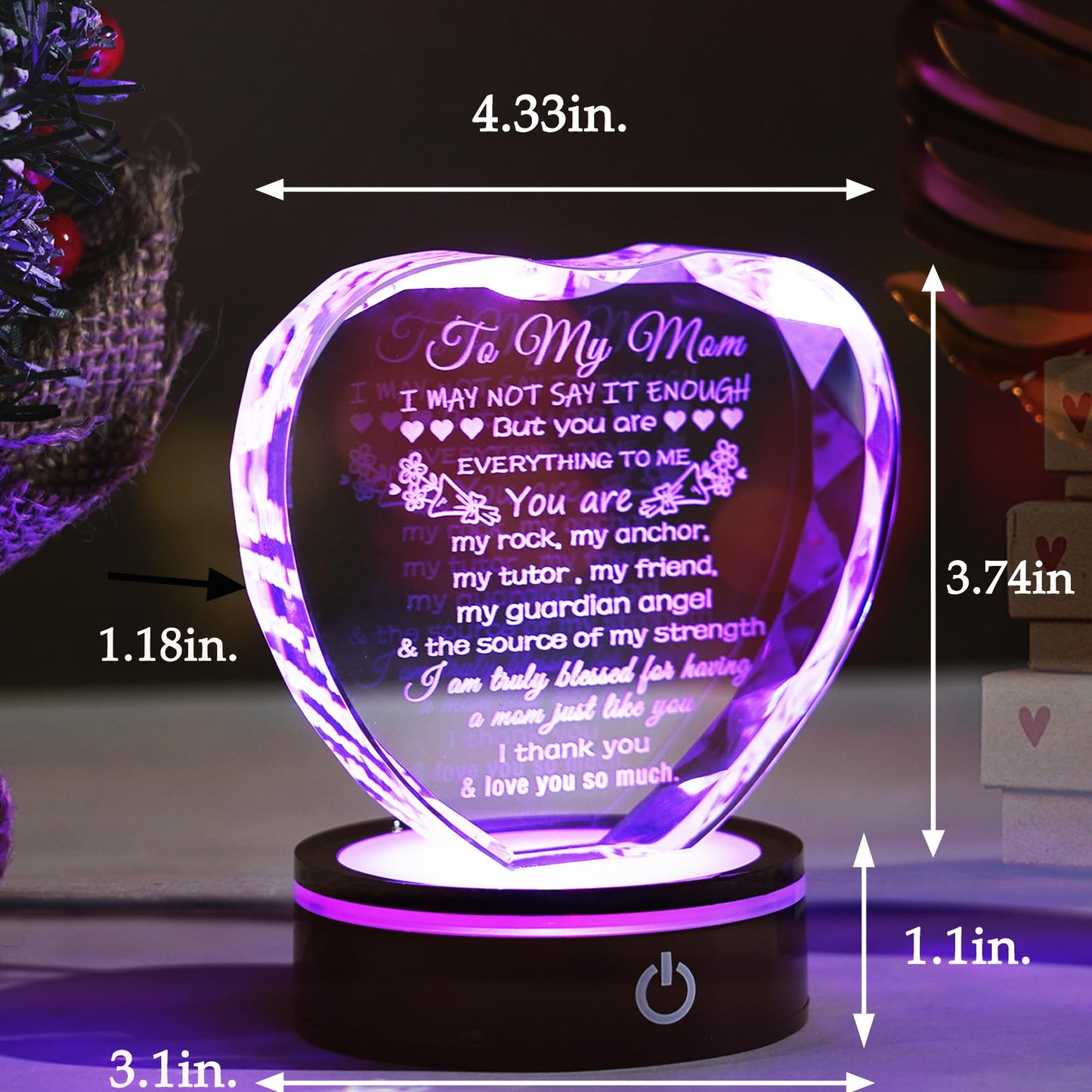 YWHL Gifts for Mom from Daughter Son Moms Birthday Gifts Unique Heart Crystal Laser Words Gift for Mom with Colorful Base on Mothers Day Thanksgiving Day Christmas Valentine's Day