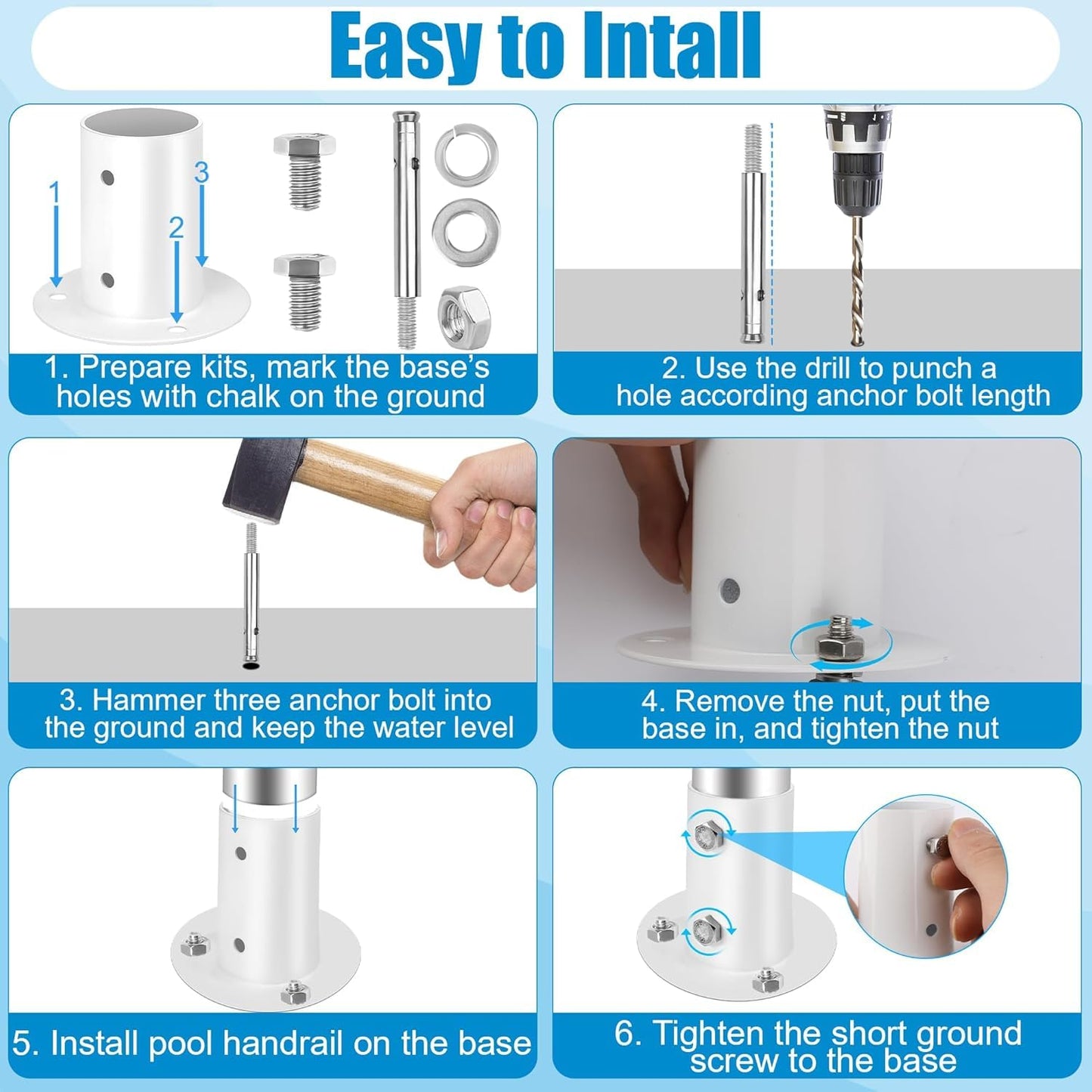 4-Pack Pool Deck Flanges, COITEK 304 Stainless Steel Flange Anchors Ladder Brackets for 1.5" Above Ground Pool Ladders and Handrails, Includes Screws Bolts for Easy Installation and Replacement