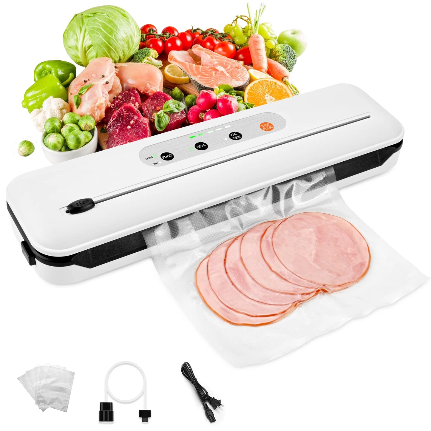 Toprime Vacuum Sealer Machine VS6611, 80kPa Powerful Food Sealer Built-in Cutter with Sealing Bag and Hose, Vacuum Air Sealing System for Seal a Meal and Sous Vide (White)