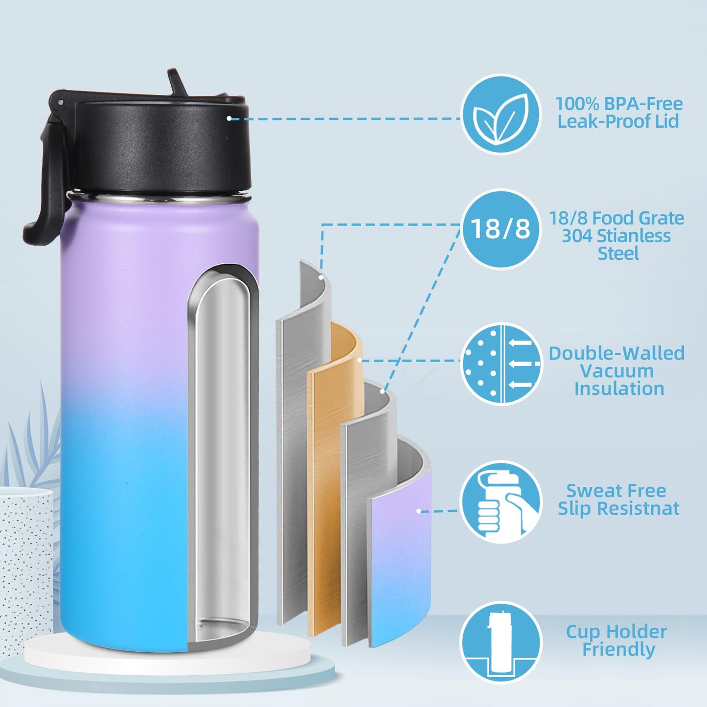 Volhoply 16 OZ Kids Water Bottle Bulk 8 Pack,Insulated Sports Bottles with Straw Lid,Stainless Steel Bottle with Handle Keep Cold & Hot,Double Wall Vacuum Cups for School(Assorted,Set of 8)