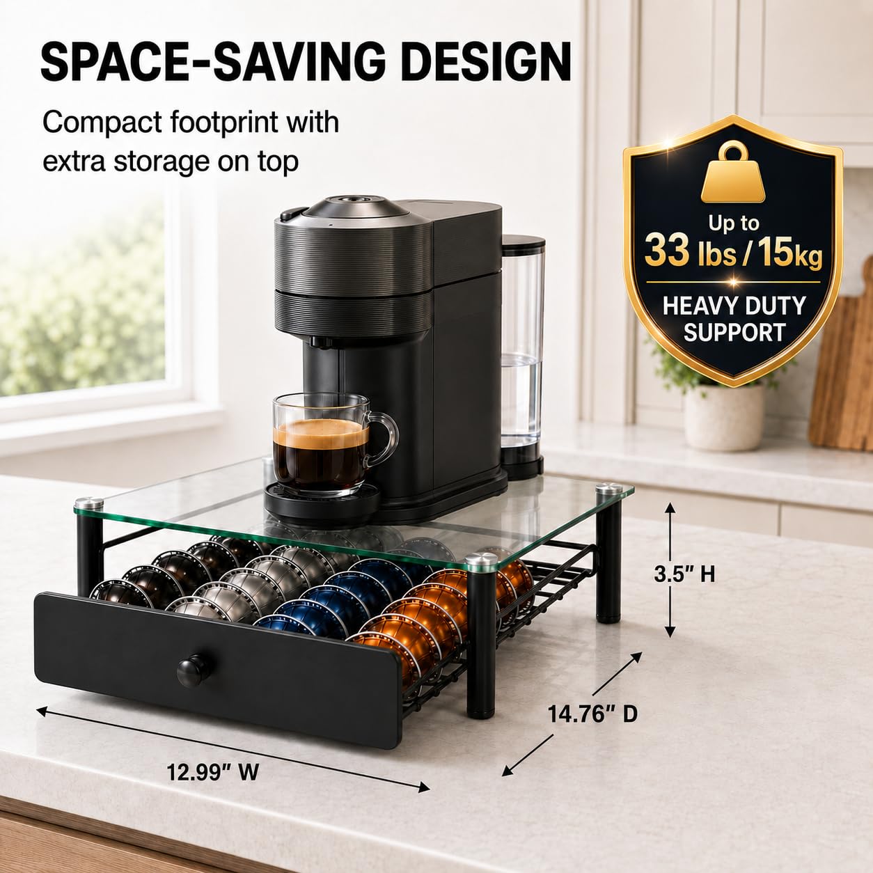 EASTSIGN Vertuo Pods Holder - Drawer Tray for 40-Vertuoline Capsules - Tempered Glass - Capsule Storage - Compatible with Nespresso Vertuoline Capsules - Pods Organizer