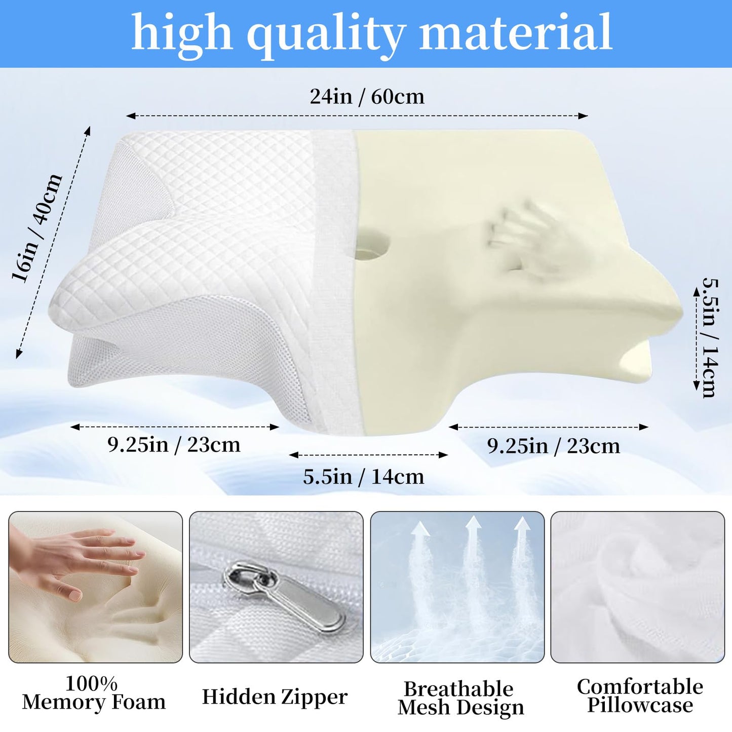 AsBellt Cervical Neck Pillow, Ergonomic Memory Foam Pillows for Neck Pain Relief with Removable Pillowcase, Contour Neck Support Pillow for Side, Back & Stomach Sleepers(White)