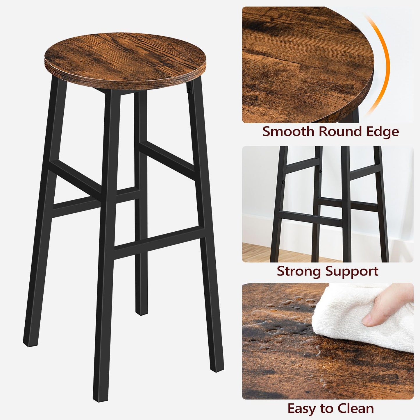 MAHANCRIS 71 cm Bar Stools, Set of 2 Round Bar Chairs with Footrest, Tall Counter Bar Stools, Kitchen Breakfast Bar Stools, Easy Assembly, for Dining Room, Kitchen, Rustic Brown BAHR02701