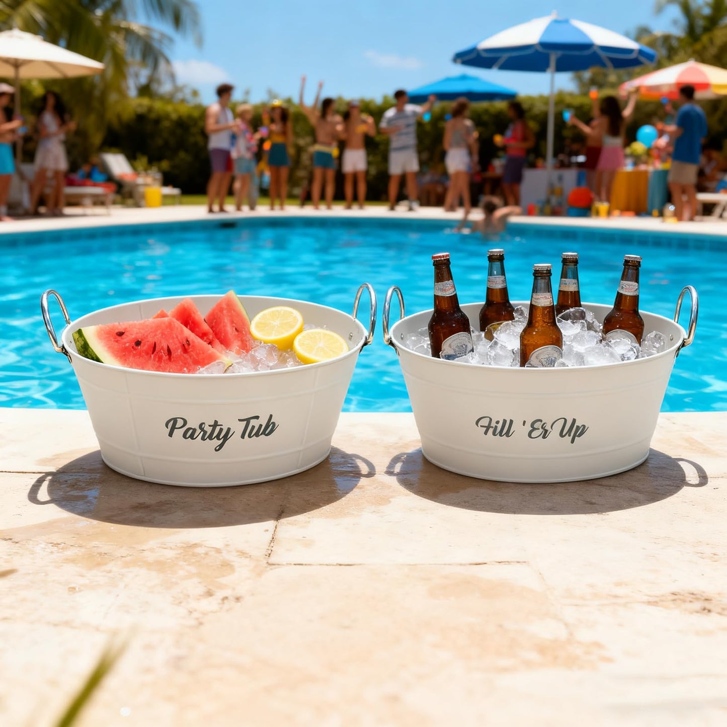 Annie Garden 2-Pack White Metal Ice Bucket, Beverage Cooler Tub with Stainless Steel Handle - Reinforced Ribbed Design, Silk-Screened Logo & Powder-Coated Surface for Party, Beverage Cooling & Storage