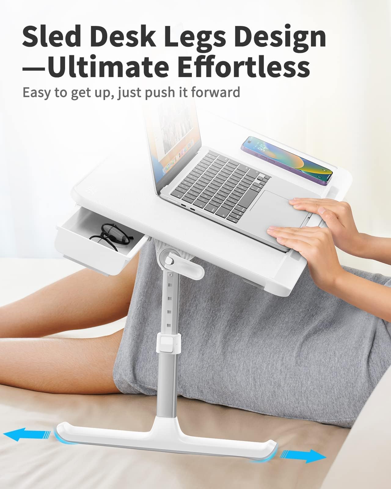 SAIJI Laptop Bed Tray Desk, Portable Table Stand with Storage Drawer, Adjustable PVC Leather, Foldable Laptop Tray for Sofa Couch Floor, 23.6 x 12.6 x 1 Inches(Large, White)