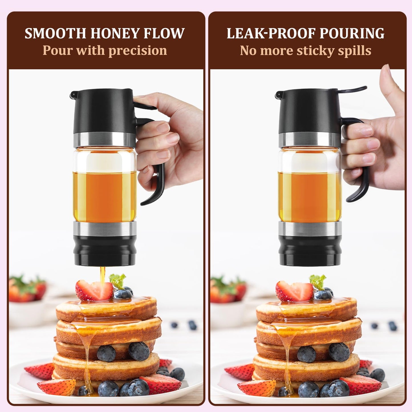 AELGA Honey Dispenser No Drip with Bottom Release Valve, Effortless One-Hand Press Honey Jar for Honey, Maple Syrup, Black