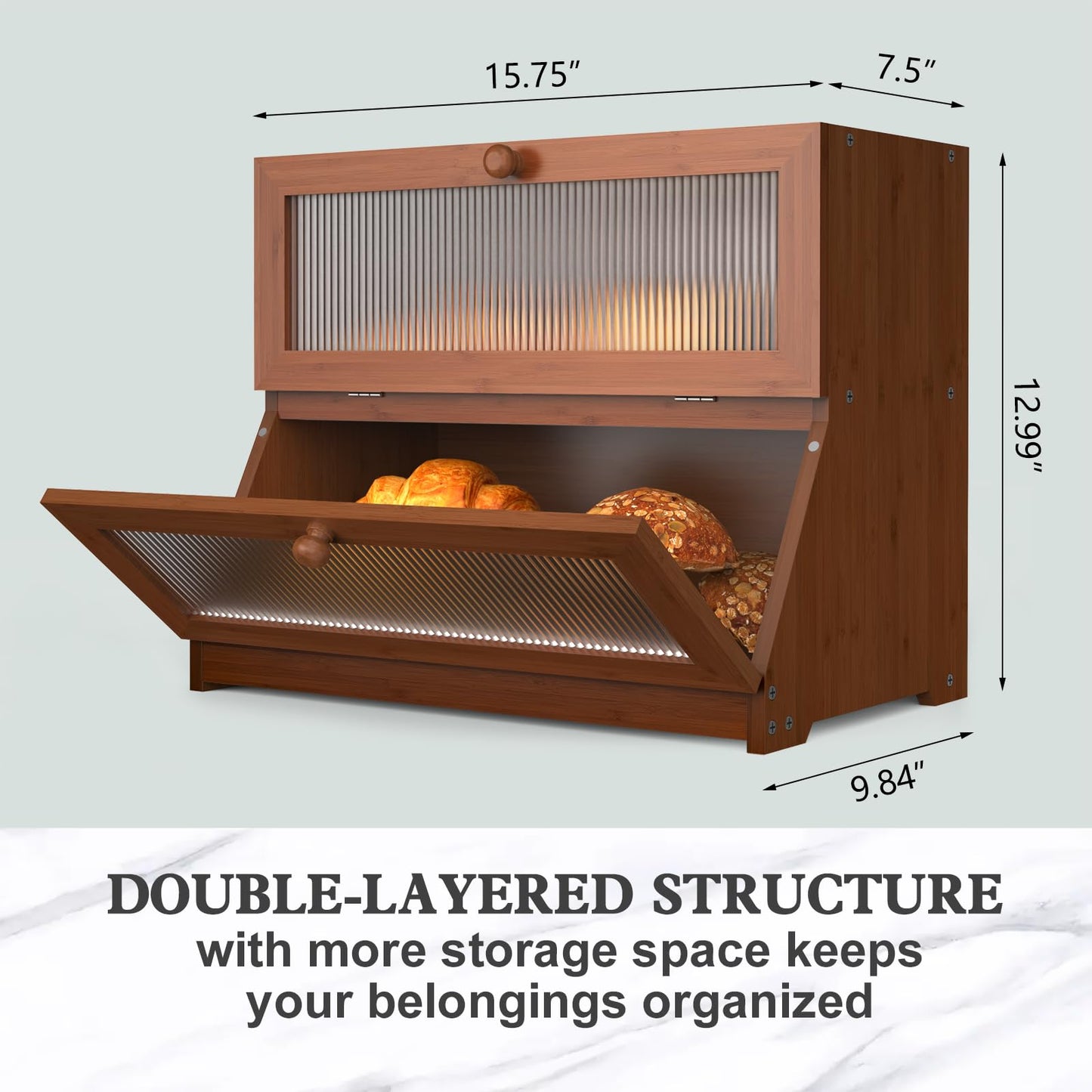 LOHASOK Double Layer Bamboo Bread Box for Kitchen Counter-Large Capacity Bread Storage Container Farmhouse Bread Box with Window Bread Holder (Brown)