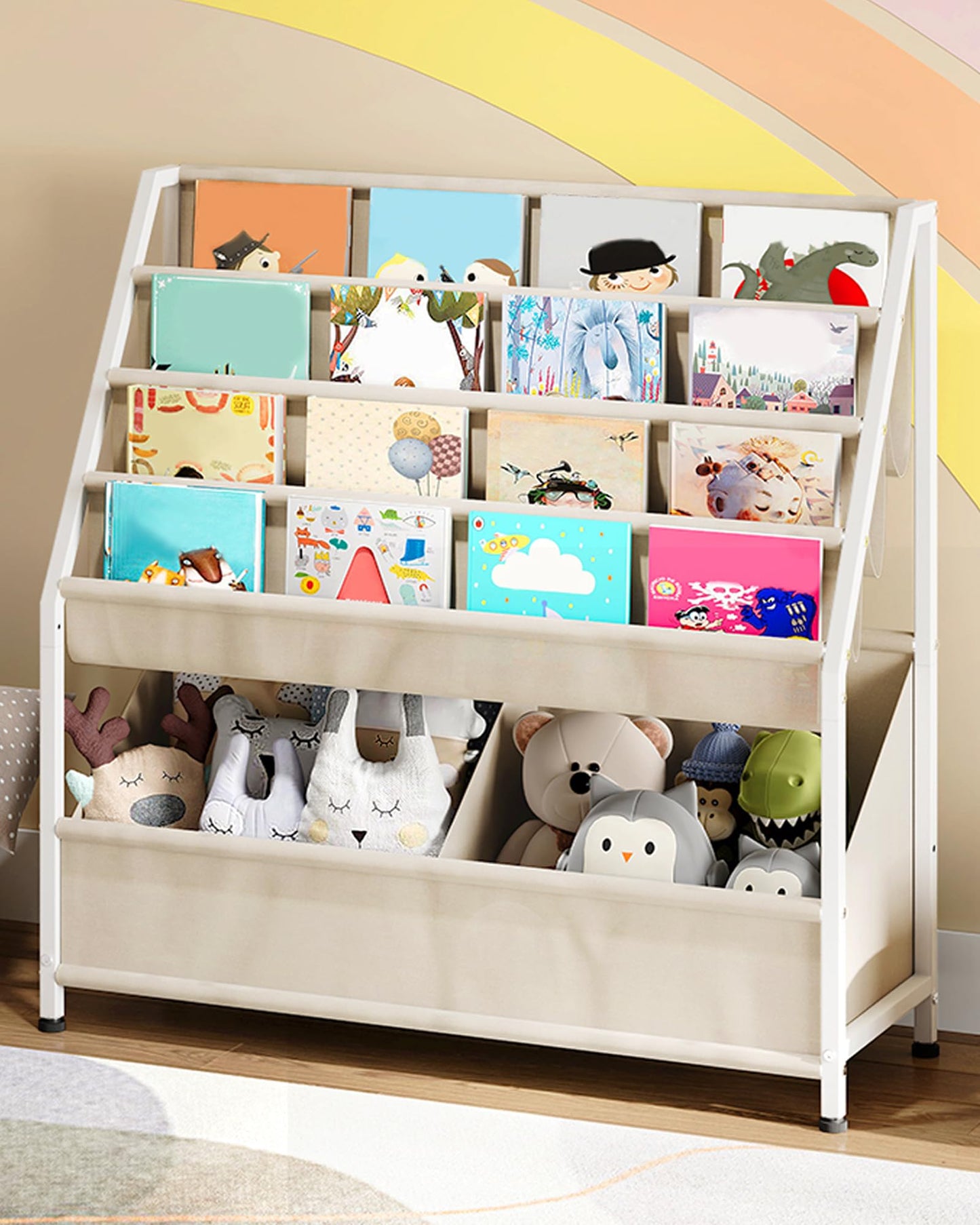 CHOEZON Kids Bookshelf with 4-Tier Oxford Slings, Kids Book Rack with Toy Storage, Magazine Book Rack, Large Capacity Book Organizer for 3-8 Years Olds, for Kids Room, Nursery, Playroom, Beige TCW09WM