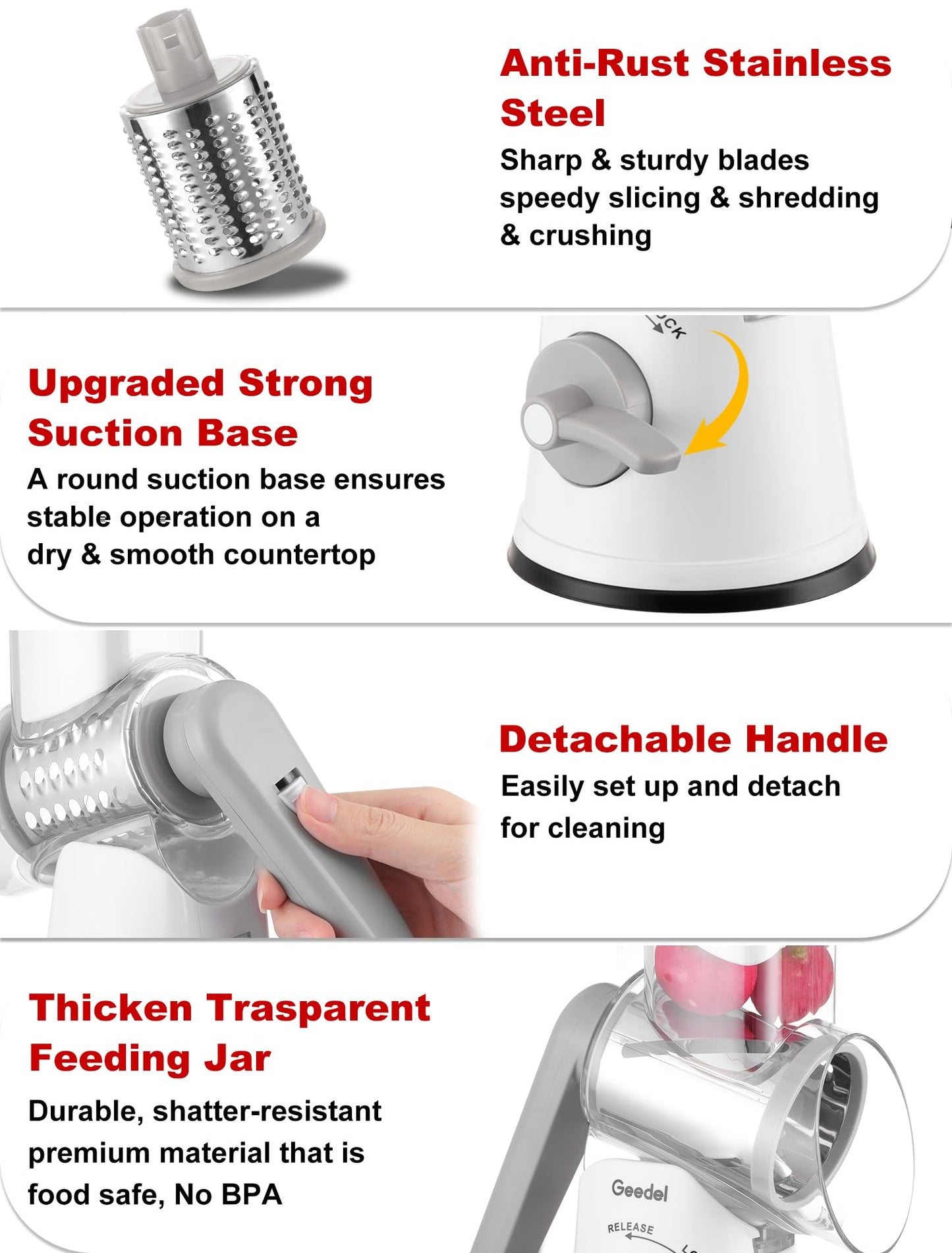 Geedel Rotary Cheese Grater, Mandoline Vegetable Slicer with 5 Interchangeable Blades, Easy to Use Rotary Grater Slicer for Fruit, Vegetables, Nuts, White