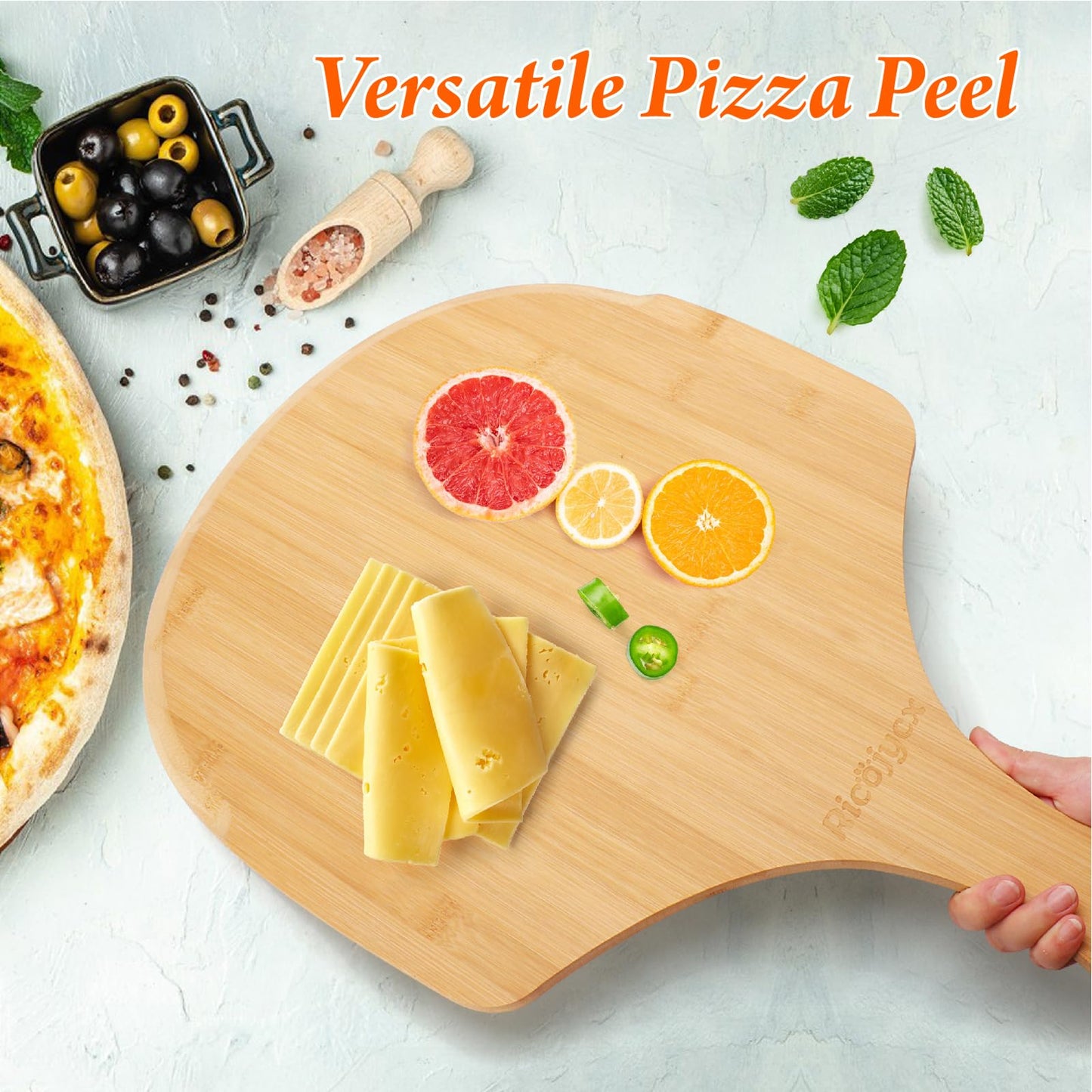 RICOJYCX 2 Pack Natural Bamboo Pizza Peel 16 inch, Wood Pizza Paddle, Cutting Board with Handle for Pizza, Bread, Cheese, Vegetable, Fruits