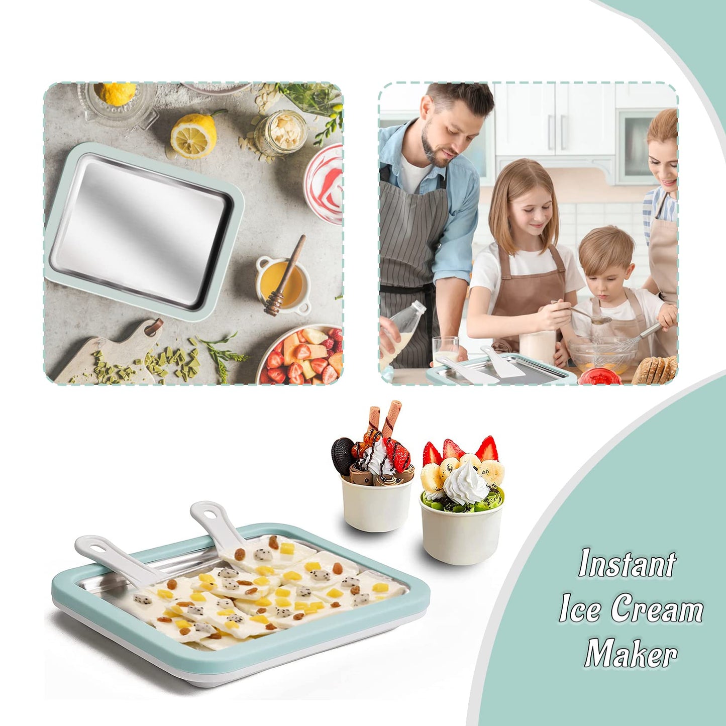 Instant Ice Cream Maker, Rolled Ice Cream Maker, Instant Gelato Pan/Roll, Homemade DIY Ice Cream for Fun Parent-Child Activities for Families Mint Green