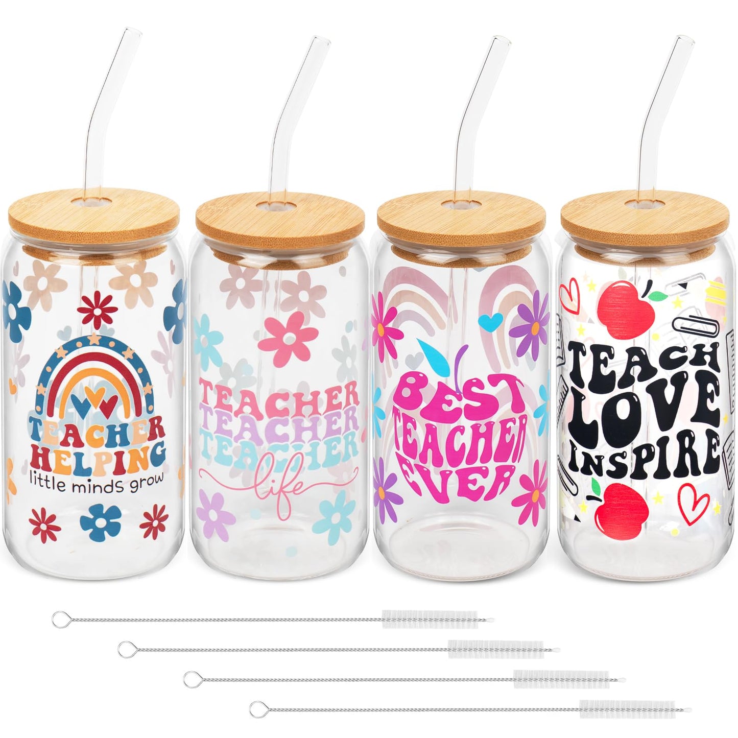 JTAMOHI 4 Set Teacher Appreciation Cup Teacher Can Glass Gifts for Women, Teacher Gifts 16 oz Tumbler with Lids Straws Brushes Thank You Glass Cup Gift for Teacher’s Day Back to School Graduation