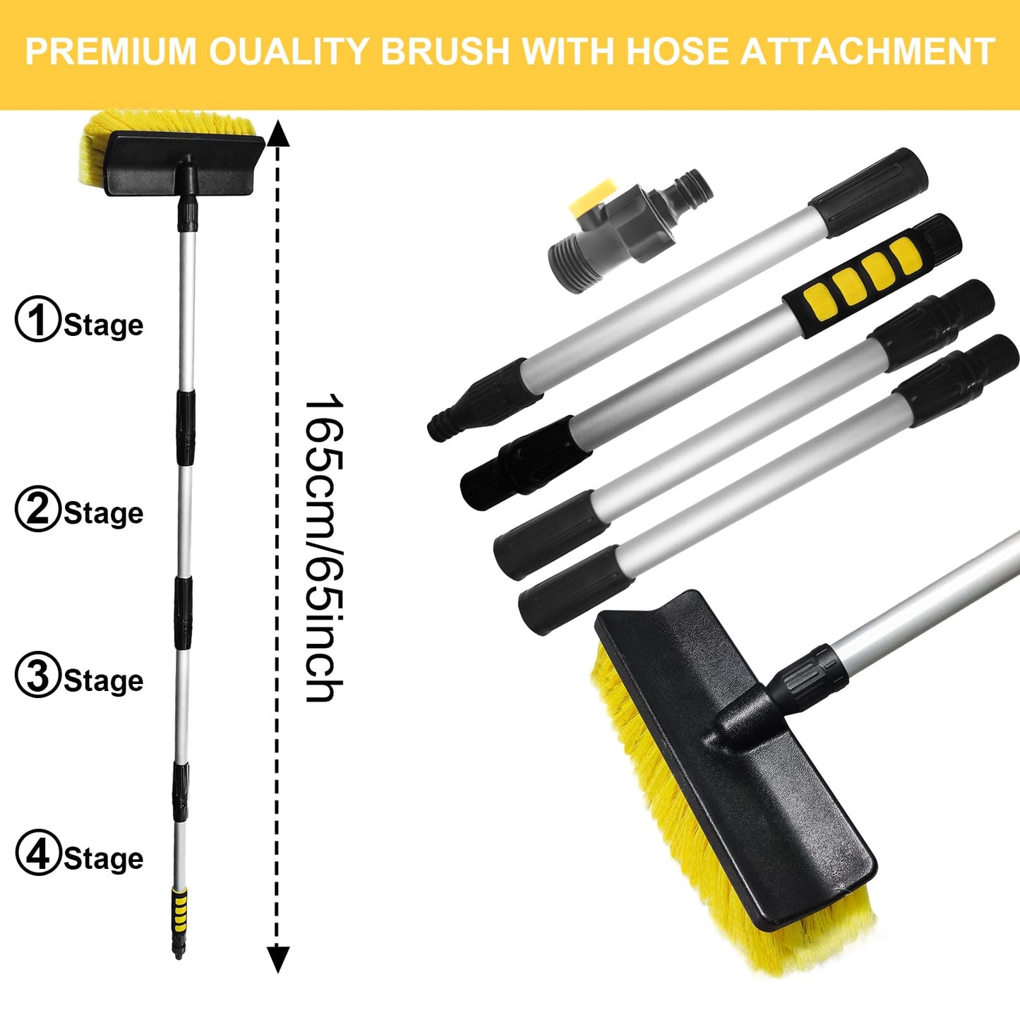 Car Wash Brush with 65'' Long Handle, Soft Bristle Car Washing Brush with Detachable Handle and Hose Attachment for RV, Boat, Car, House Siding, Floors