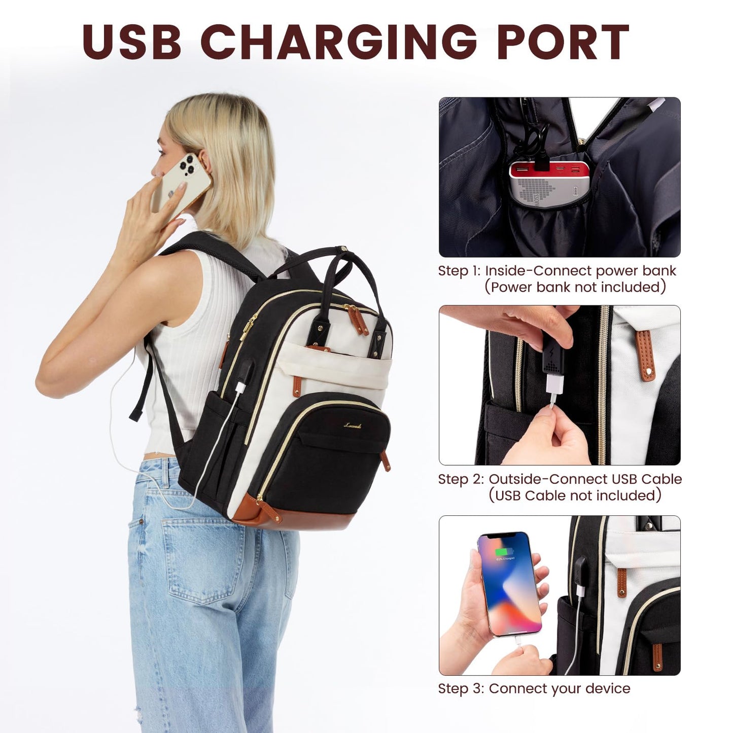 LOVEVOOK Laptop Backpack for Women, Travel Backpacks Work Bags, Backpack Purse, Business Computer Bags with USB, Waterproof, Fits 17 Inch Laptop Bag, Beige-Black-Brown